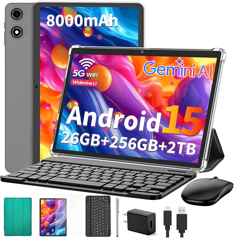 2026 Tablet with Keyboard, 26GB + 256GB (2TB Expand), 10 inch Android 15 Tablets with Octa Core, Gemini AI, 5G WiFi, 8000mAh, BT 5.0, 2 in 1 AI Tablet with Case, Mouse, Stylus (Green Case)