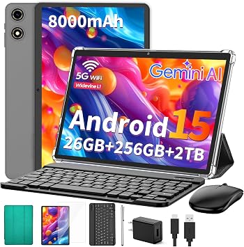 Suicoey 2026 Tablet with Keyboard, 26GB + 256GB 2TB Expand, 10 inch Android 15 Tablets with Octa Core, Gemini AI, 5G WiFi, 8000mAh, BT 5.0, 2 in 1 AI Tablet with Case, Mouse, Stylus Green Case