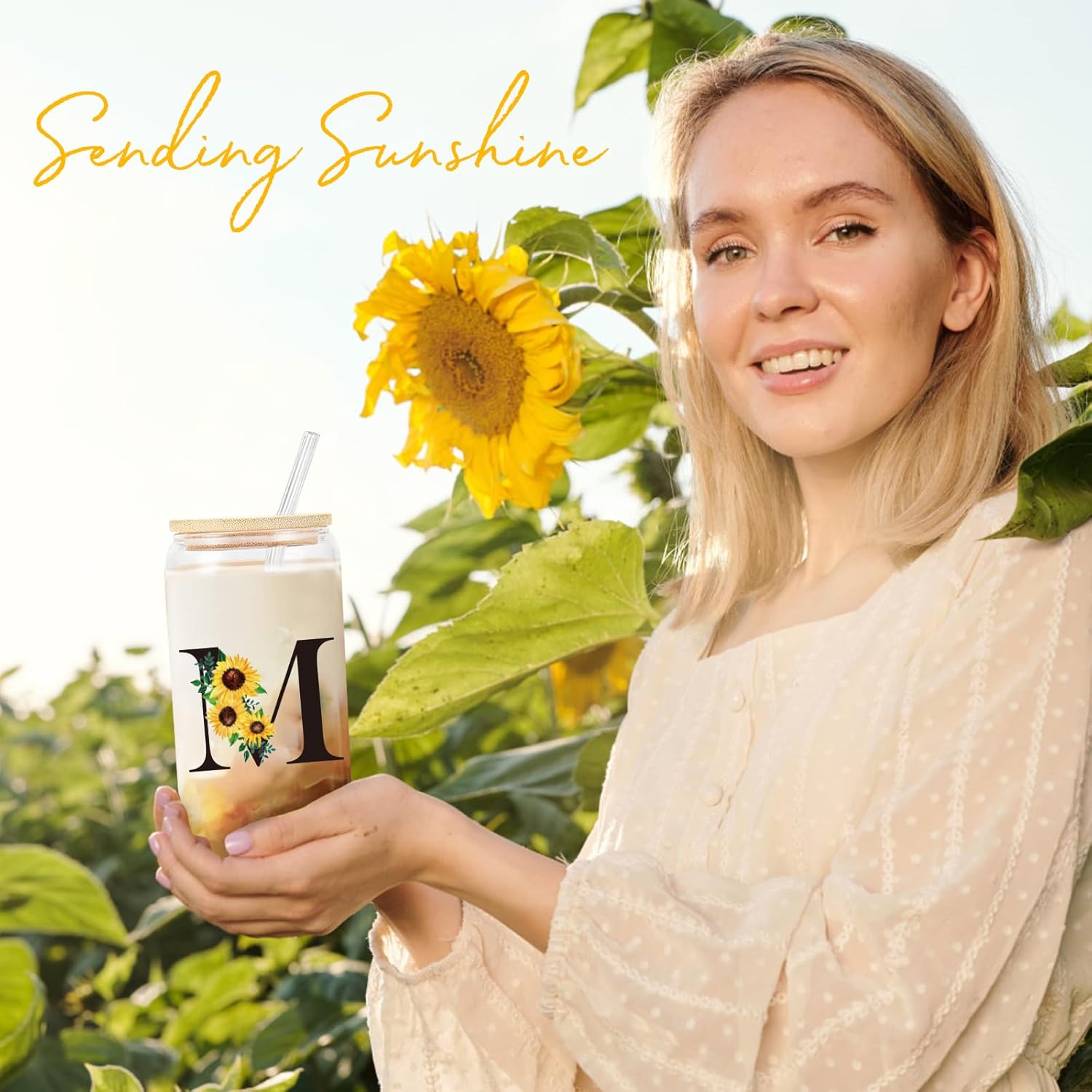 Birthday Gifts for Women, Initial Glass Cups w Lids and Straws, Sunflower Gift for Women, Personalized Gift, 16oz Glass Tumbler Cups W/Straw Lid, Monogrammed Birthday Gifts for Her Mom - M - Image 6