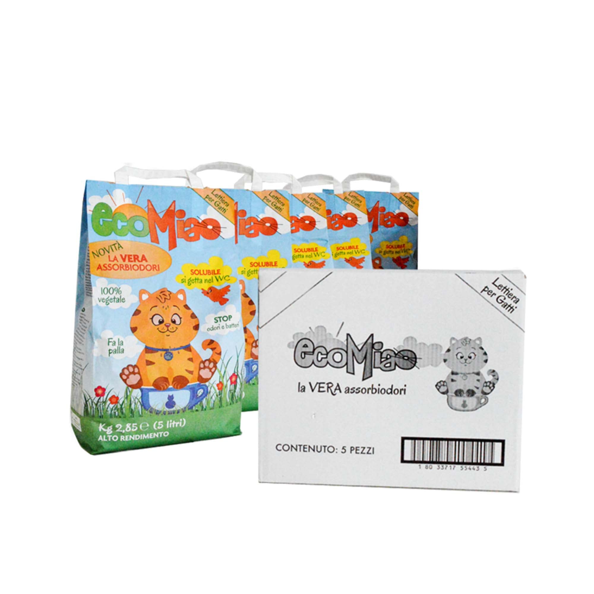 Lettiera gatti biodegradabile agglomerante | Sabbia 100% vegetale | elimina completamente il cattivo odore | Solubile si getta nel WC | Multipack (Classica, 5 X 5L)