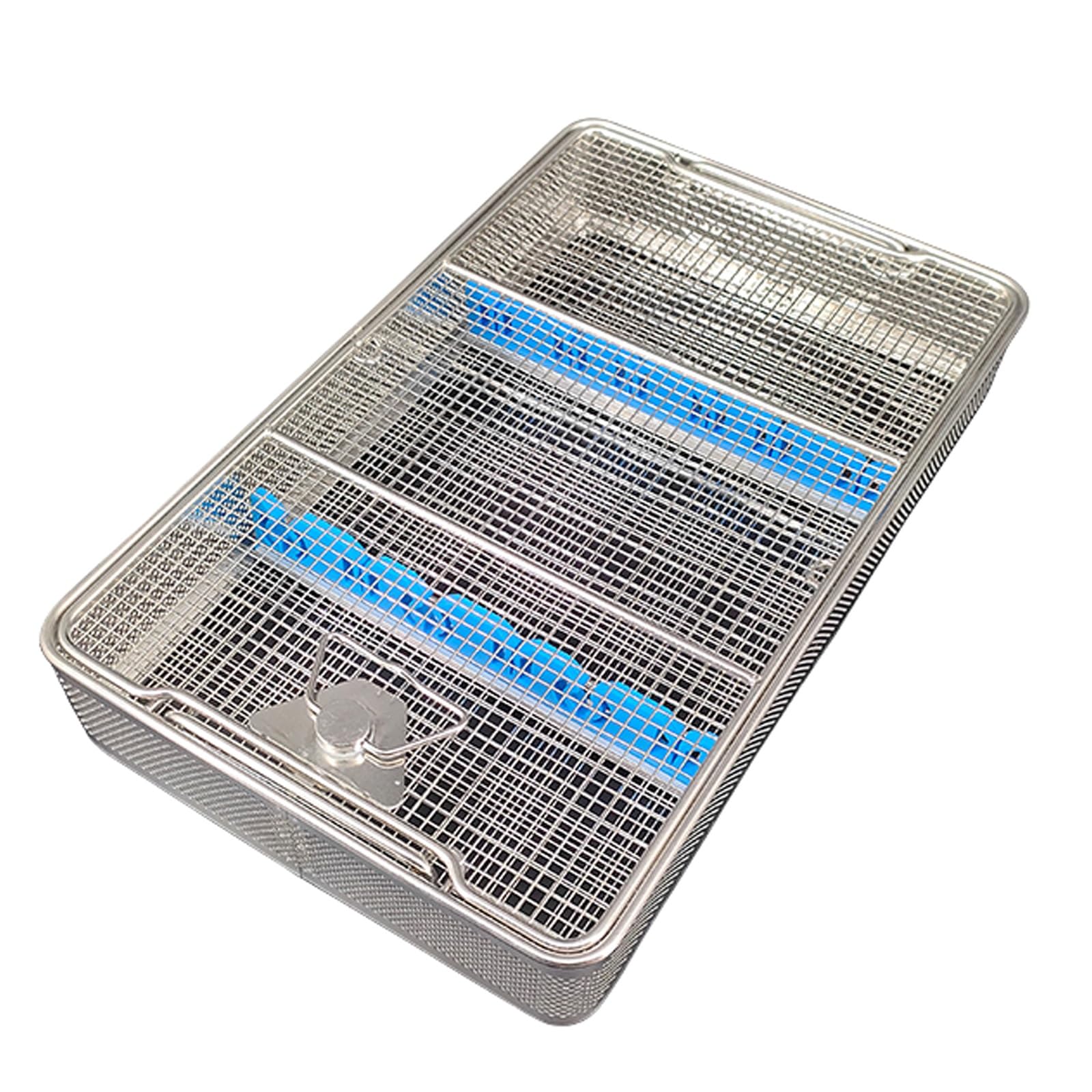 Cestello for la disinfezione perforato in acciaio inox, cestello for attrezzature mediche con coperchio, rete laterale da 2 mm, con strisce di silicone, maniglia for il trasporto(40x25x7cm/15.7x9.8x2.