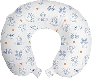 Ambesonne Dutch Travel Pillow Neck Rest, Traditional Holland Culture Elements with Doodle Style Clogs Bicycles, Memory Foam Traveling Accessory for Airplane and Car, 12", Navy Blue Orange