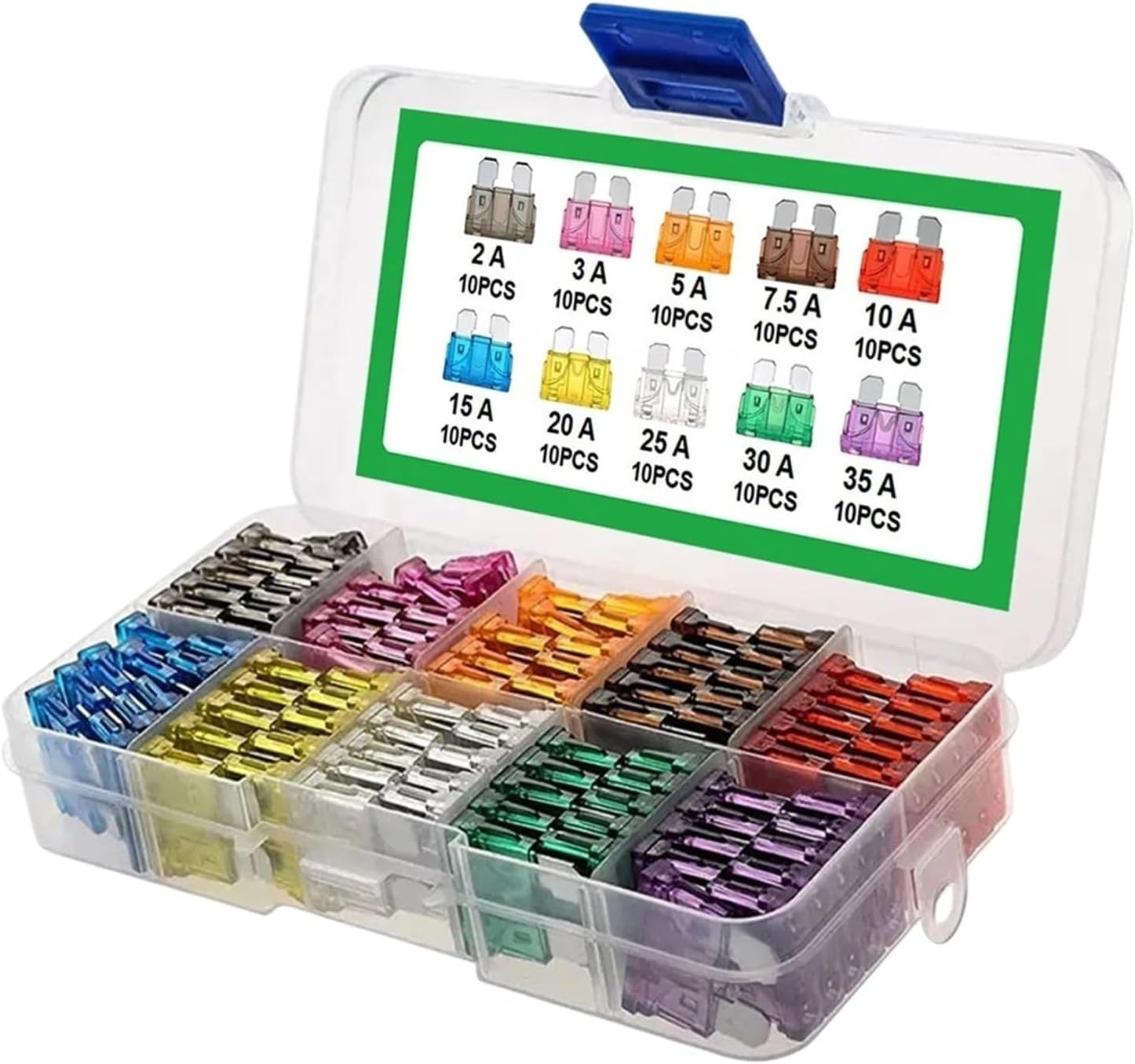 100Pcs Fuse Kit 2A 3A 5A 7. 10A 10 Types Car Assortment 15A 20A 25A 30A 35A Blade Type Assorted