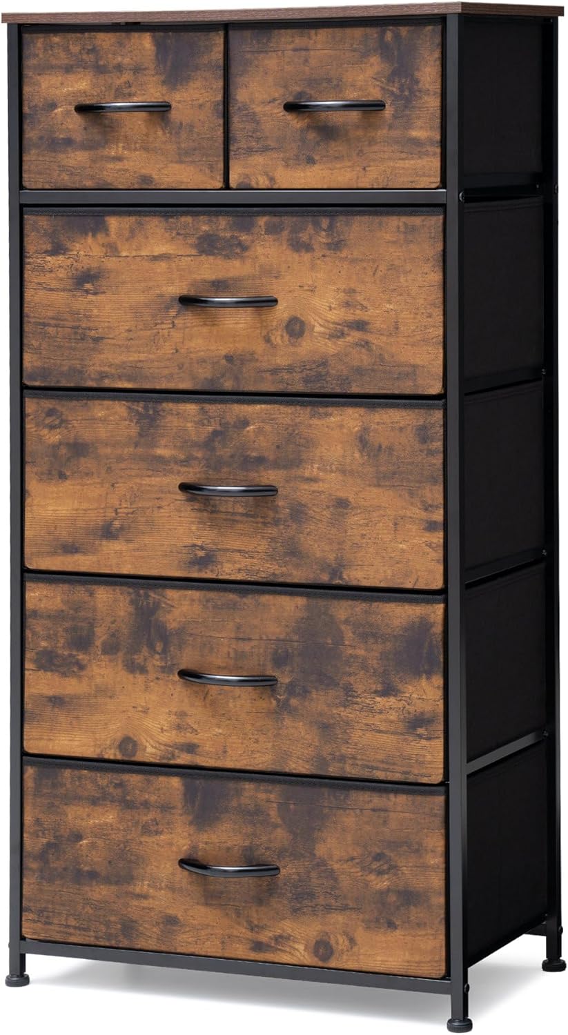 Pellebant Vertical Dresser Storage Tower - Sturdy Steel Frame, Wood Top, Easy Pull Fabric Bins, Organizer Unit for Bedroom, Hallway, Entryway - 6 Drawers, Rustic Brown