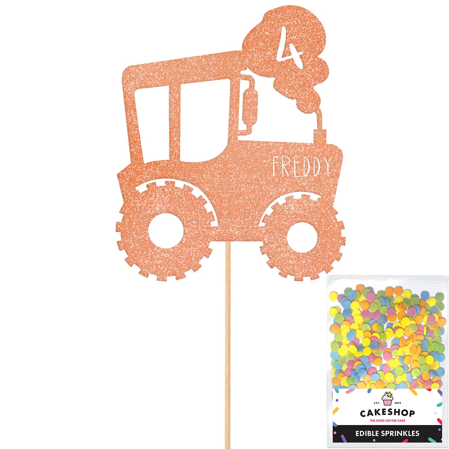 Personalised Farm Tractor Glitter Cake Topper- Rose Gold Any Custom Age & Name Glitter Cake Decoration and Sprinkles - Happy Birthday Decorations - Personalised Toppers for Cakes by Cakeshop
