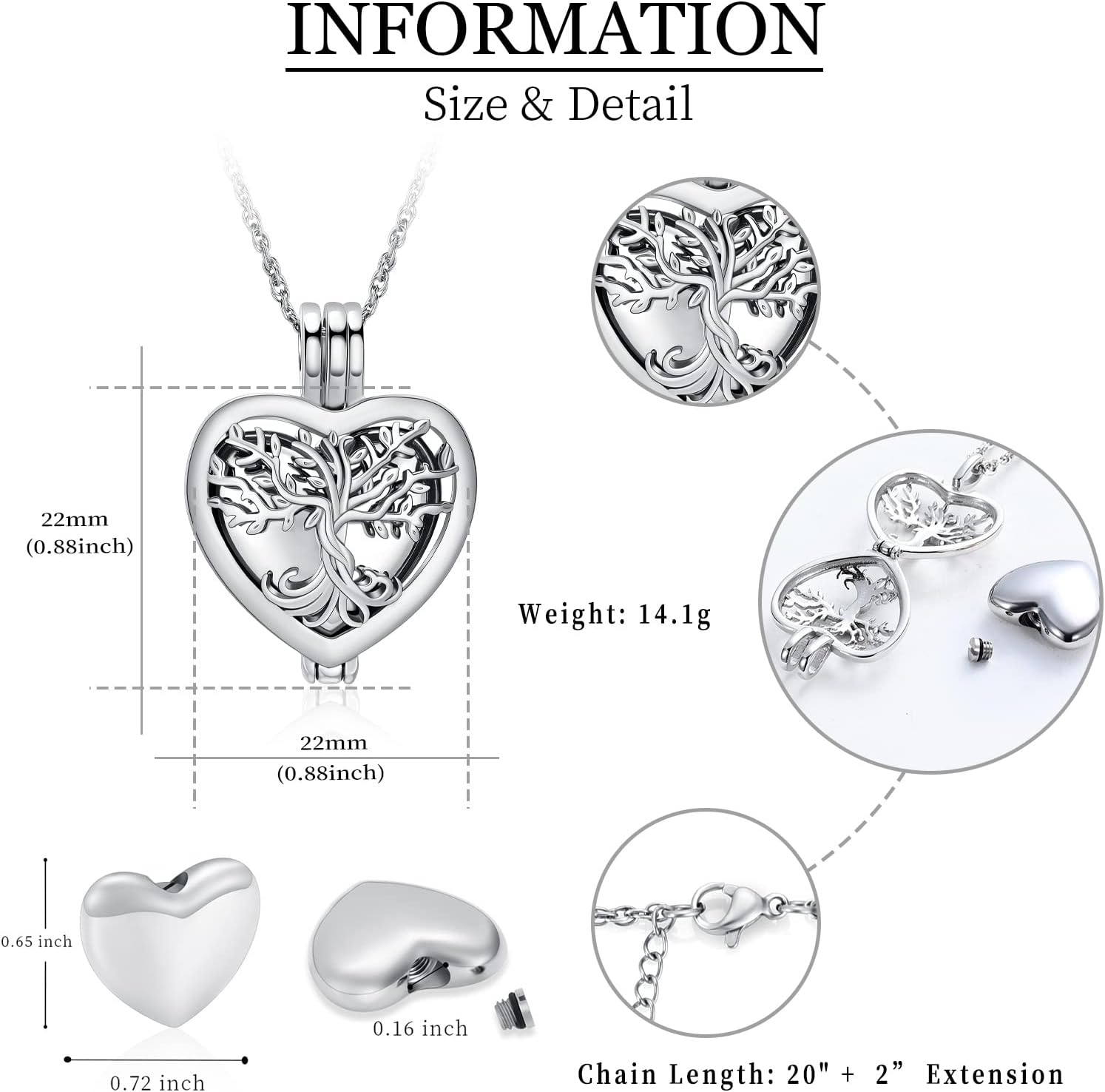 shajwo Heart Cremation Jewelry Tree of Life Urn Ashes Necklace for Women Men Loved One Memorial Human Ash Pendant - Image 6