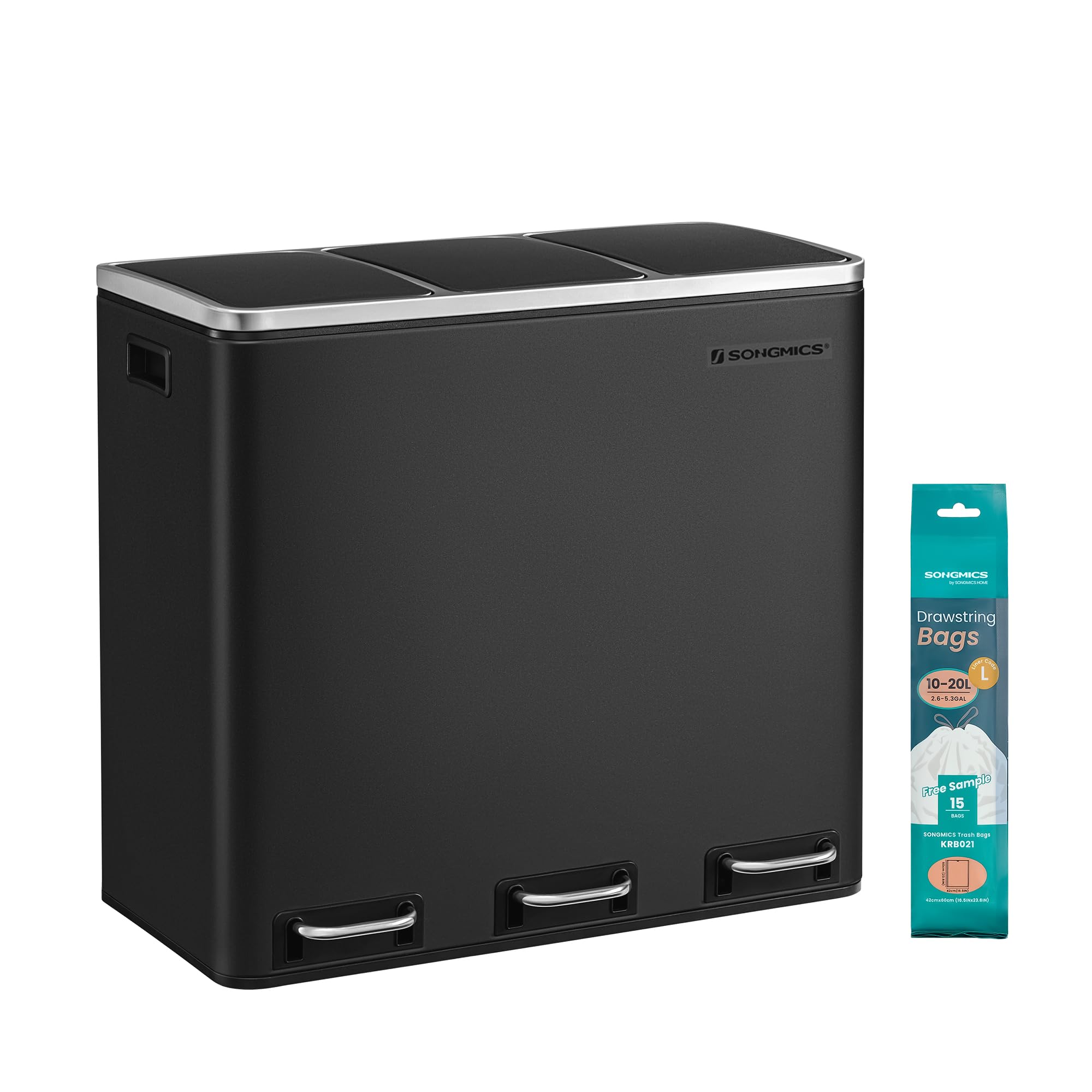 SONGMICS Poubelle Cuisine, 3 x 18L, Poubelle de Tri, 3 Compartiments, Déchets, Compost, Couvercles à Fermeture en Douceur, Pédales, Seaux Intérieurs, Acier, Noir d'Encre LTB54BK