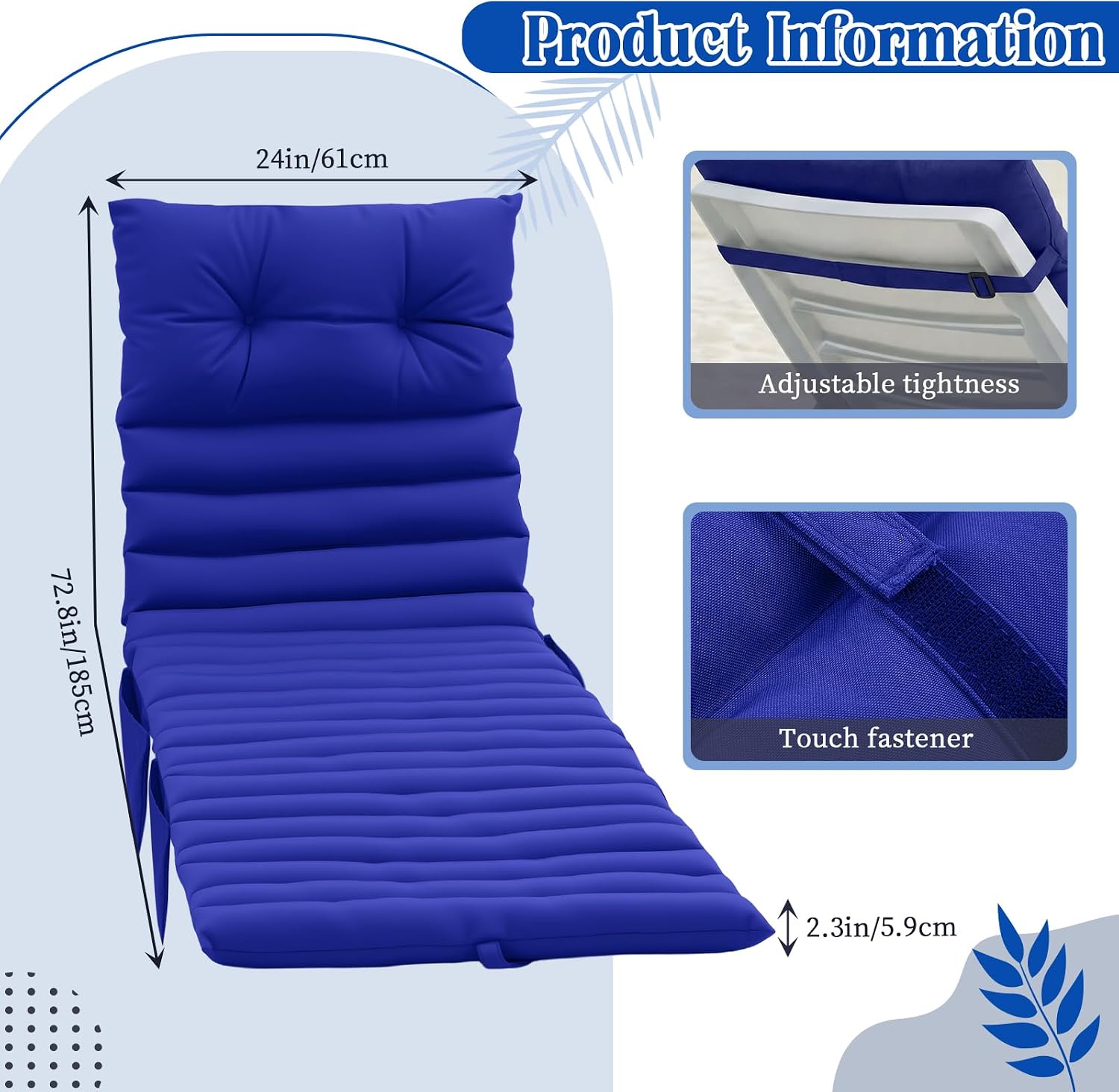 kigley outdoor lounge chair cushions set of 2, 72.8 x 24 x 2.3 inch patio chaise lounge cushion with 3 side pockets non-slip buckles, fade and water-resistant poolside recliner pads(navy blue)