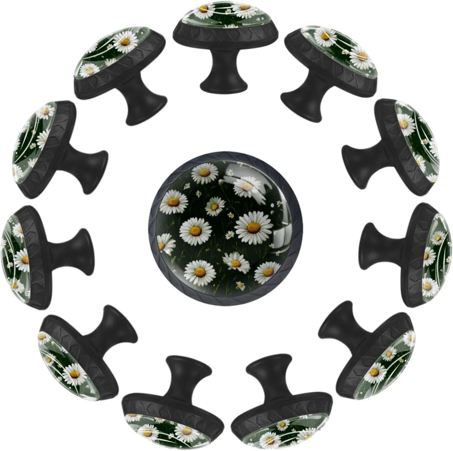 Black Green Background White Daisies (3) Modern Cabinet Knobs, Decorative Drawer Pulls for Home Renovation, Durable Knobs with Long & Short Screws