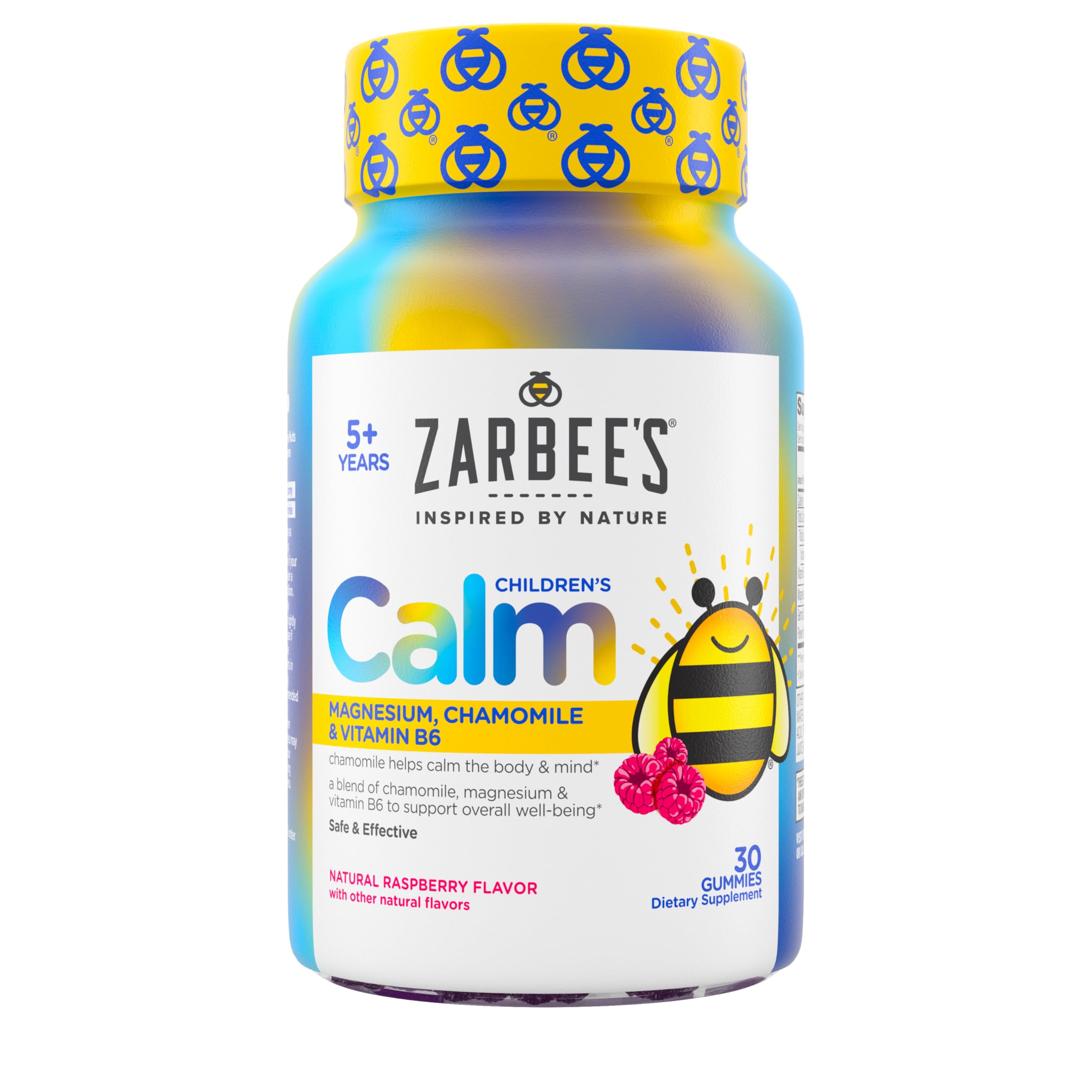 Zarbee'sNaturals Children’s Calm Gummies, Magnesium for Kids Ages 5+, Melatonin-Free, Support for a Calm Mind & Body, Chamomile & Vitamin B6, Natural Raspberry Flavor, 30 Count Gummies