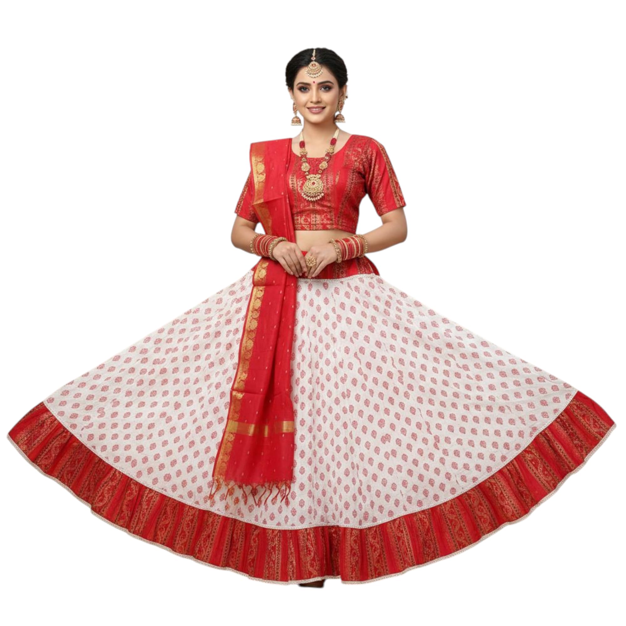 Women's Rayon Slub Printed Semi-Stitched Lehenga Choli Set (Red & White)-picture-37