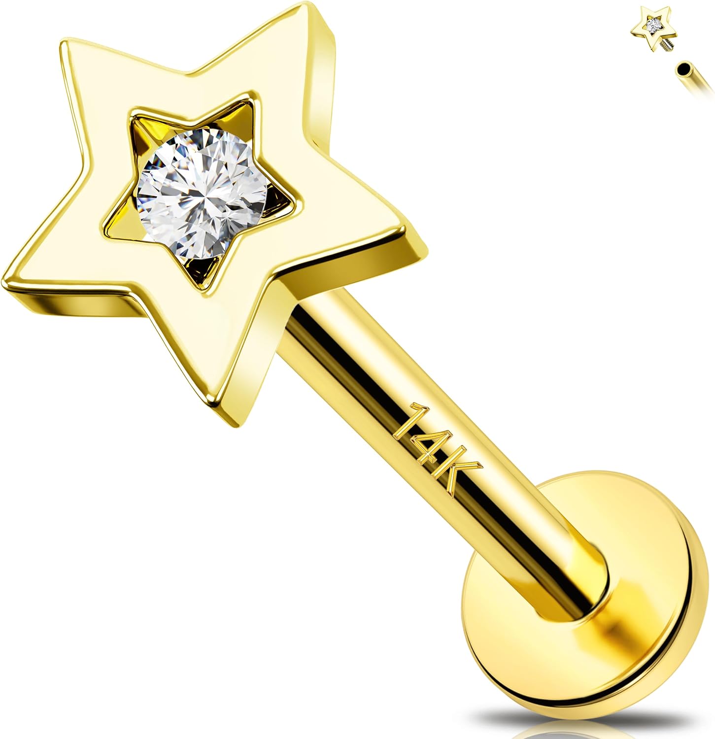 Melighting 14K Solid Gold Helix Piercing 16G Star Internally Threaded Flat Back Earring Clear CZ Tragus Stud Cartilage Conch Lobe Piercing Jewelry for Women 6/8 mm