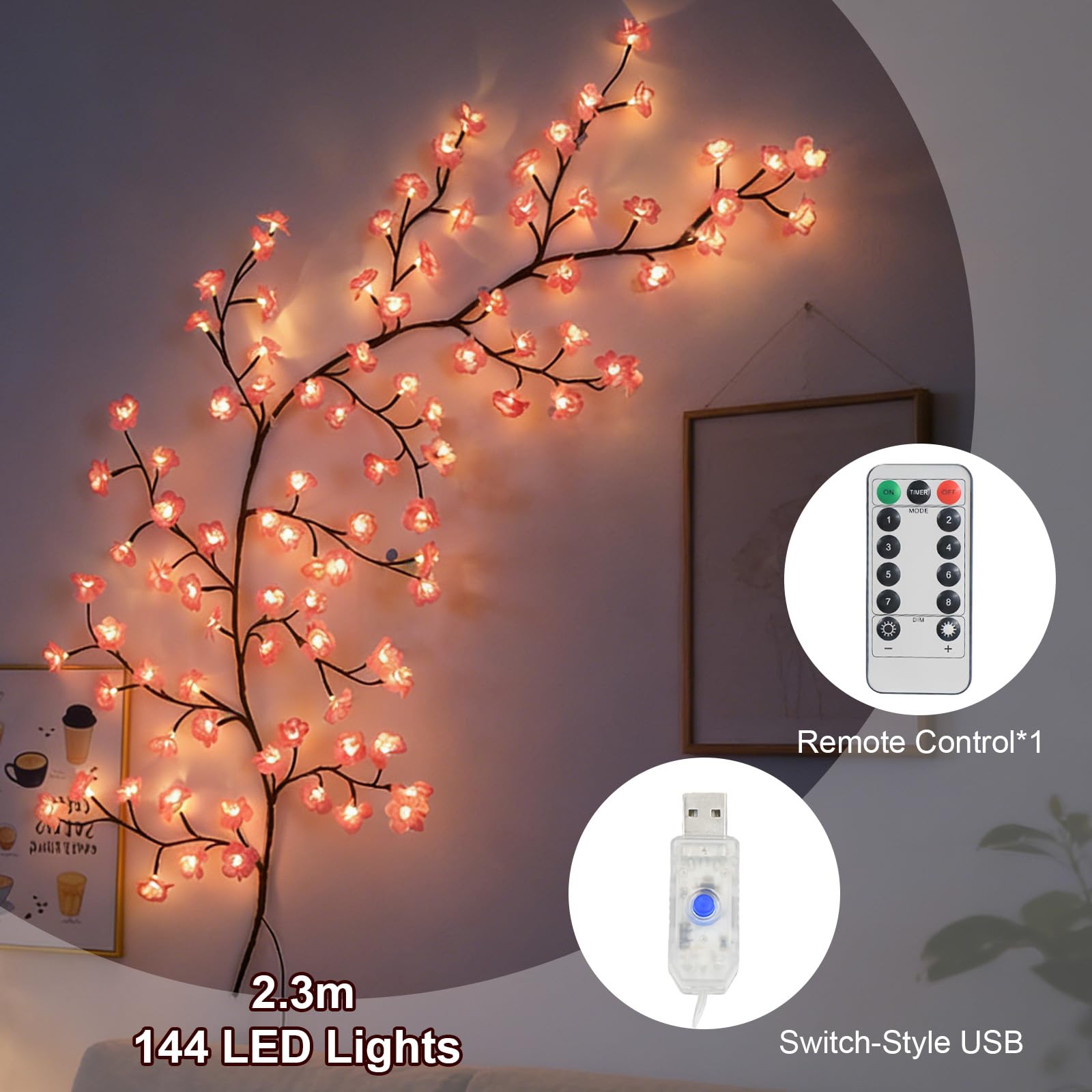 229 cm Kirschblütenzweig-Lichter, 144 LEDs, flexible Wandblumen-Lichterkette, 8 Modi, Kirschblütenbaum-Lichterkette, Weihnachten, Muttertag, Valentinstag, Geschenk, Zimmer, Zuhause