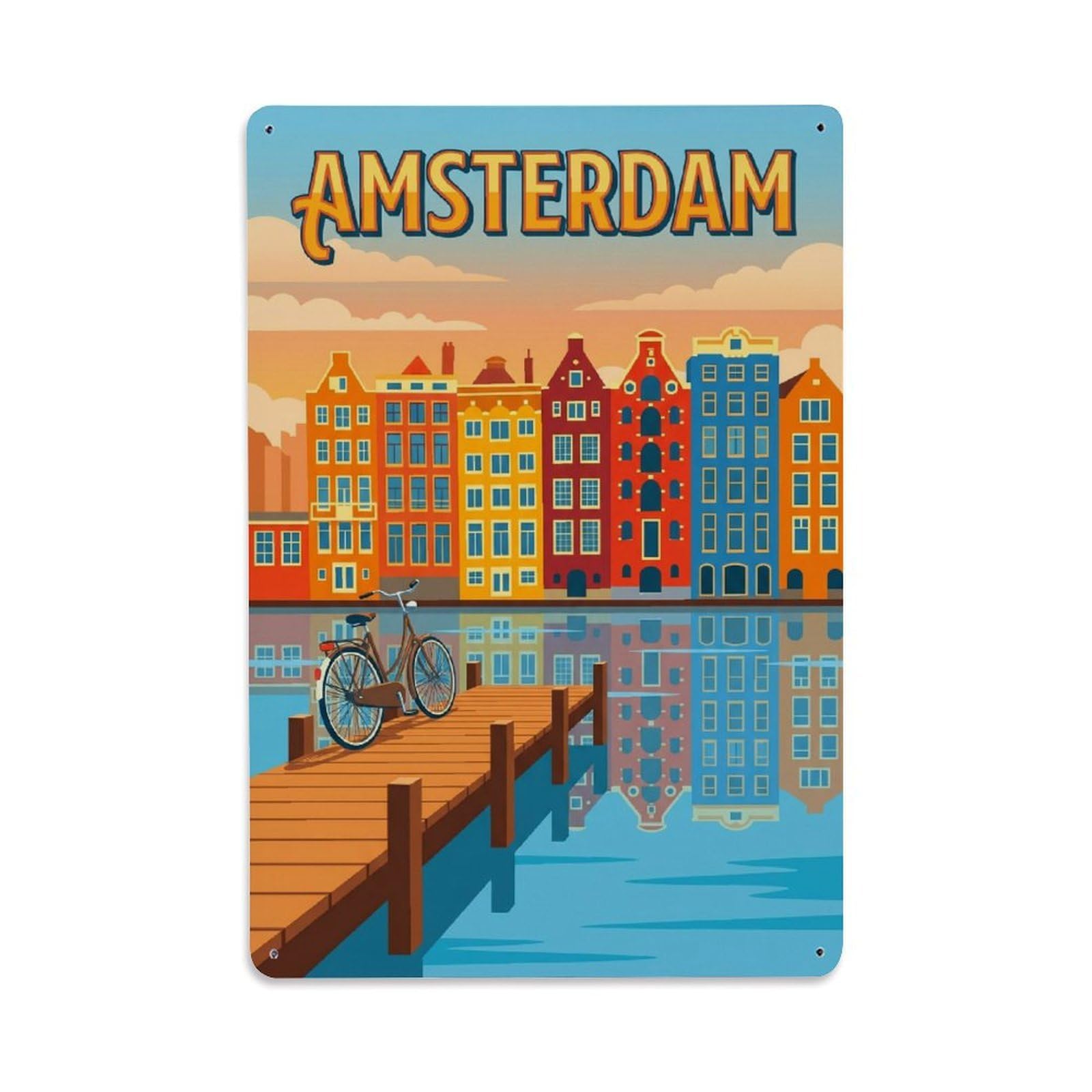 Okngb Style Amsterdam Waterside Jetty Waterway Vintage Tourism Metal Tin Sign Plaque Wall Decor For Cafe, Man Cave, Club Bar, Office, Home Garden Round Metal Poster 8X12inch