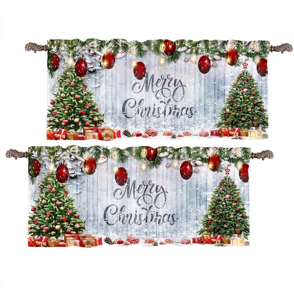 Kazynee Vintage Merry Christmas Tree Valances for Kitchen Windows,Rustic Winter Holiday Xmas Wooden Board Floral Leaf Print Curtains Decorative Rod