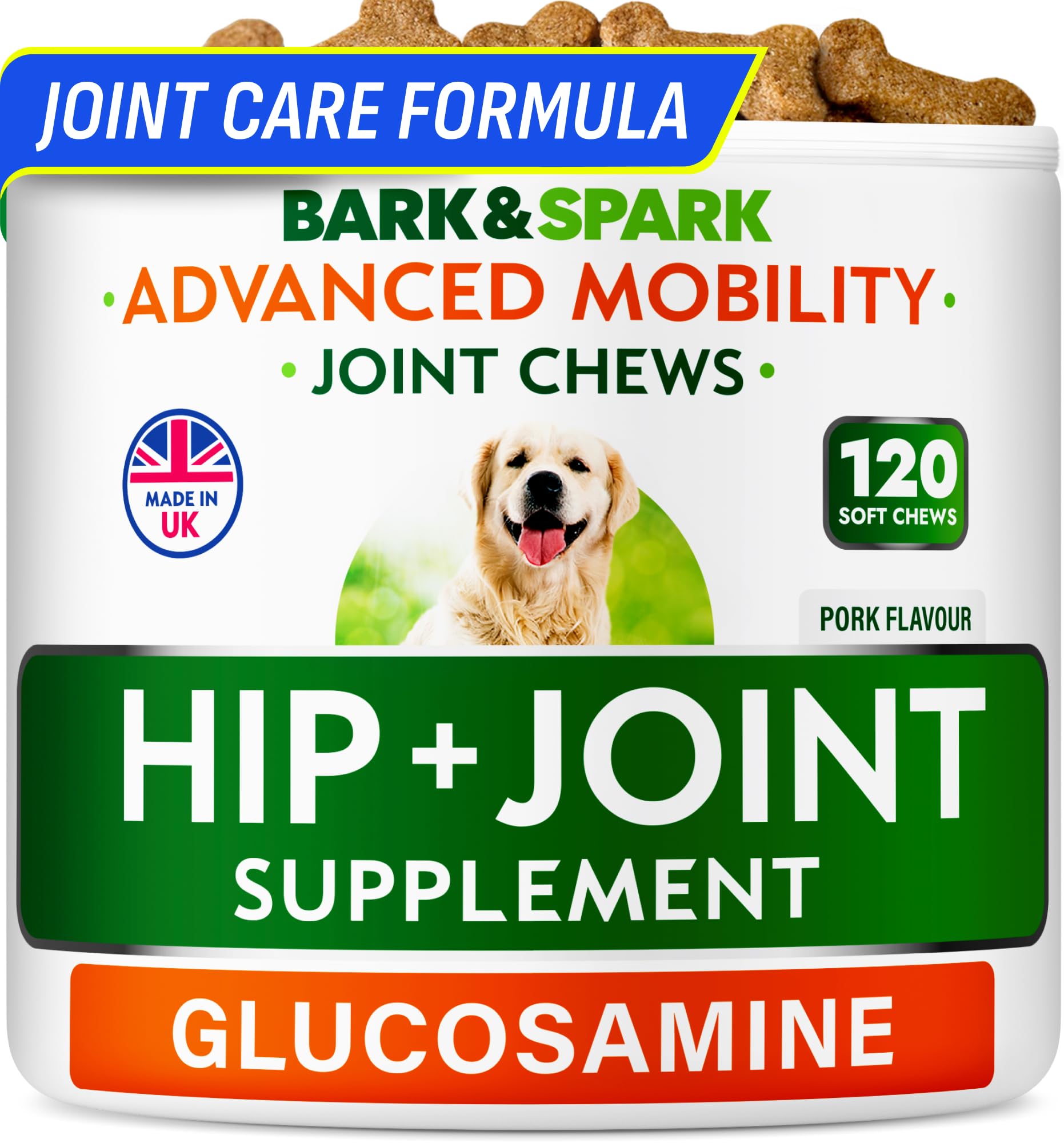 BARK&SPARKJoint Supplement for Senior & Adult Dogs – Glucosamine & Chondroitin for Mobility Support – Hip & Joint Care Chews – Made in the UK – 120 Soft Treats
