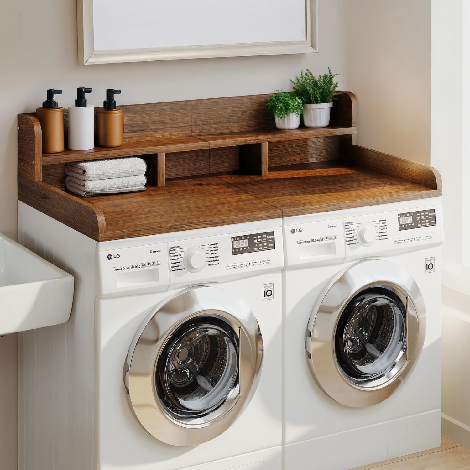 Washer Dryer Countertop with Non-Slip Pads Walnut Double Layer Organizer Laundry Room Storage
