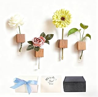 4-Piece Magnetic Wooden Vases - Magnetic Wood Blocks with Test Tubes for Refrigerator & Locker Decor | All-in-One Floral Gift Set with Greeting Card for Mom & Teachers (Oak)