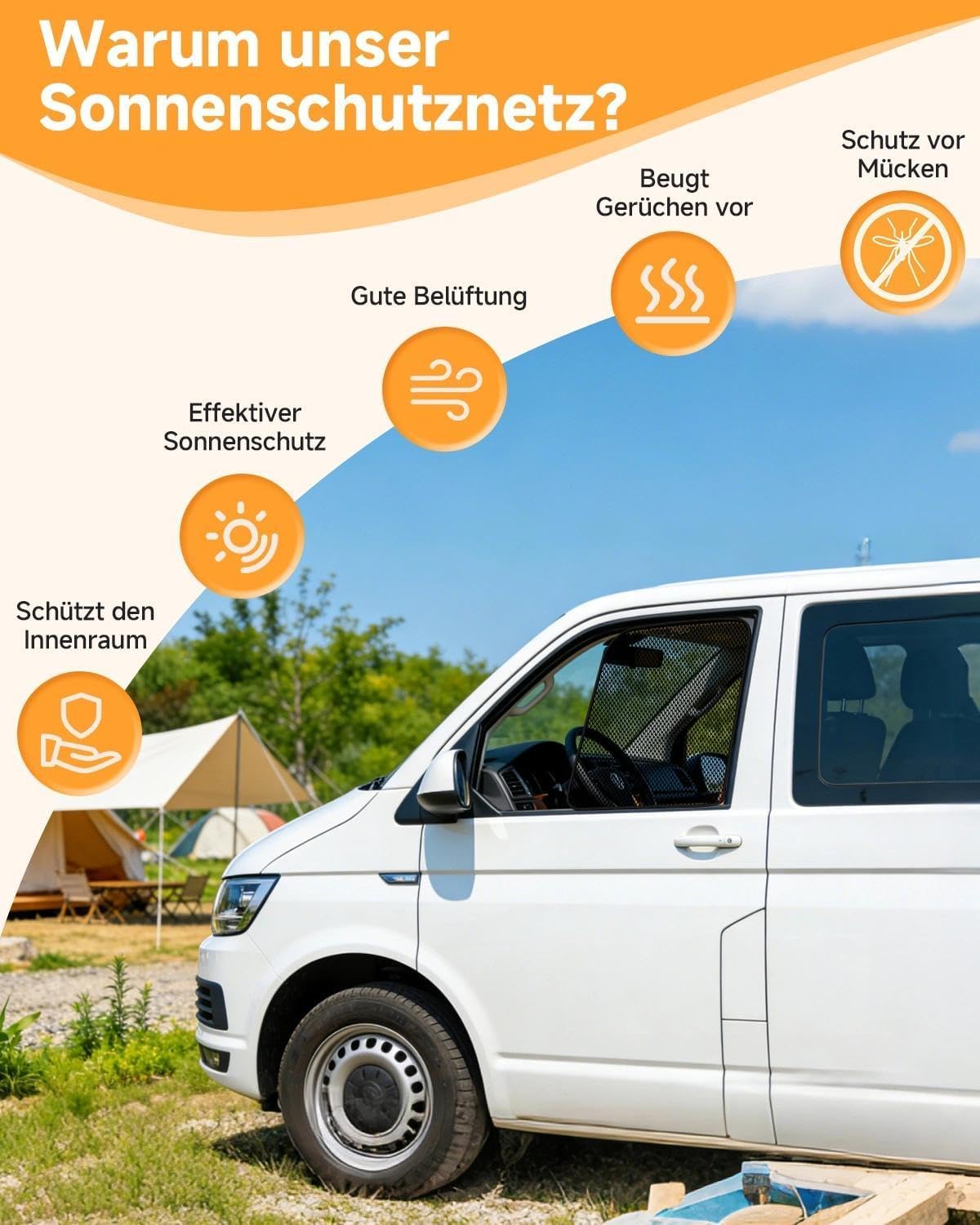 Moskitonetz für VW T5 T6 Seitenfenster | Mit Reißverschluss & Magneten für Sonnenschutz & Staubschutz | Ideal für Camping, Auto-Übernachtung & Belüftung auf Reisen
