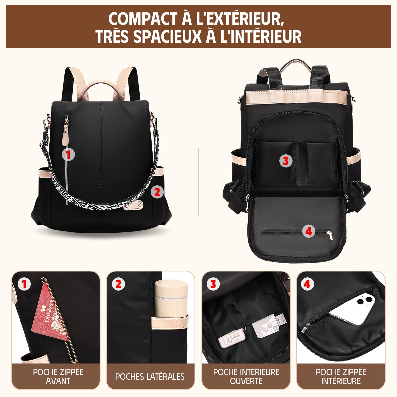 Sac a Dos Femme Antivol, Sacs à Main Portés Dos Elegant Leger, Petit Sac à Dos Impermeable Chic avec Étui Carte Bancaire Anti Piratage & Pochette pour Voyage Ville Balades Transport en Commun