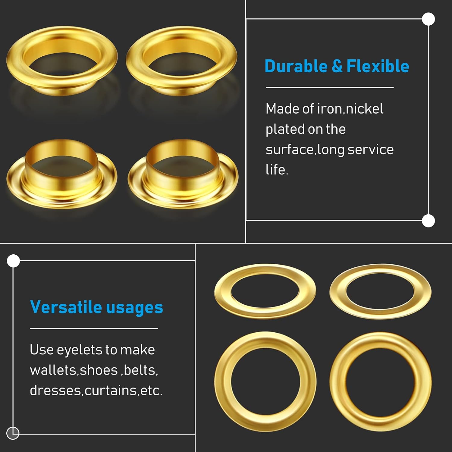 WILLBOND Grommet and Washer Grommet Kit Finish Eyelet for Clothes Fabric Leather Tag Bag(500 Pieces,Gold,1/4 Inch)