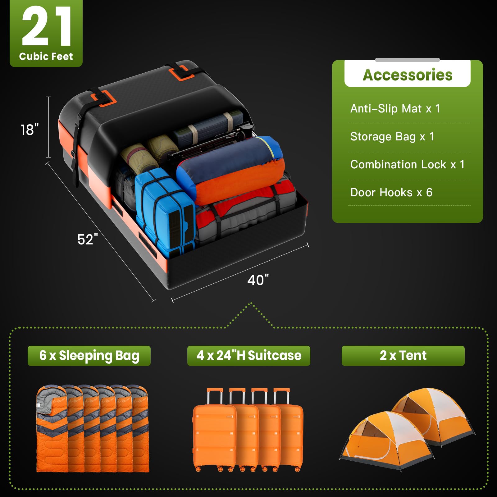 APTY 21 Cubic Feet Car Rooftop Cargo Bag Carrier, Soft Roof Top Luggage Bag for All Vechicles with/Without Rack - with Waterproof Zip, Anti-Slip Mat, Luggage Lock, Storage Bag, Door Hooks, Orange