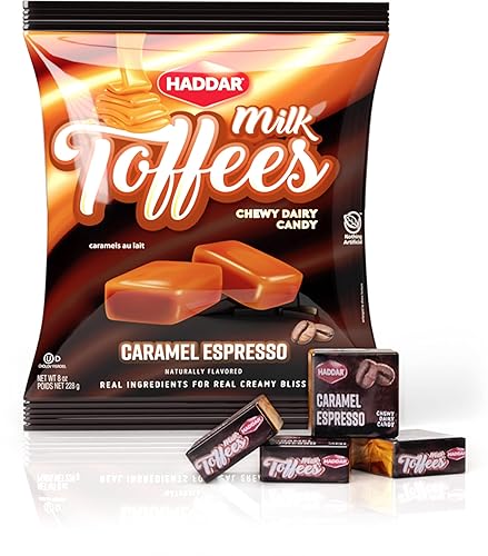 Haddar Caramelo de caramelo con leche espresso de 8 onzas, masticable, totalmente natural, sin gluten
