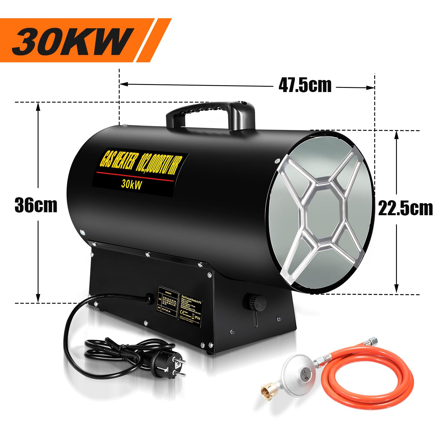 Eulenke Soplador calefactor de gas de 30 kW, calentador de gas, caudal de aire 650 m³/h, radiador calefactor de gas incl. manguera de gas y reductor de presión, cañón de calor, generador de aire