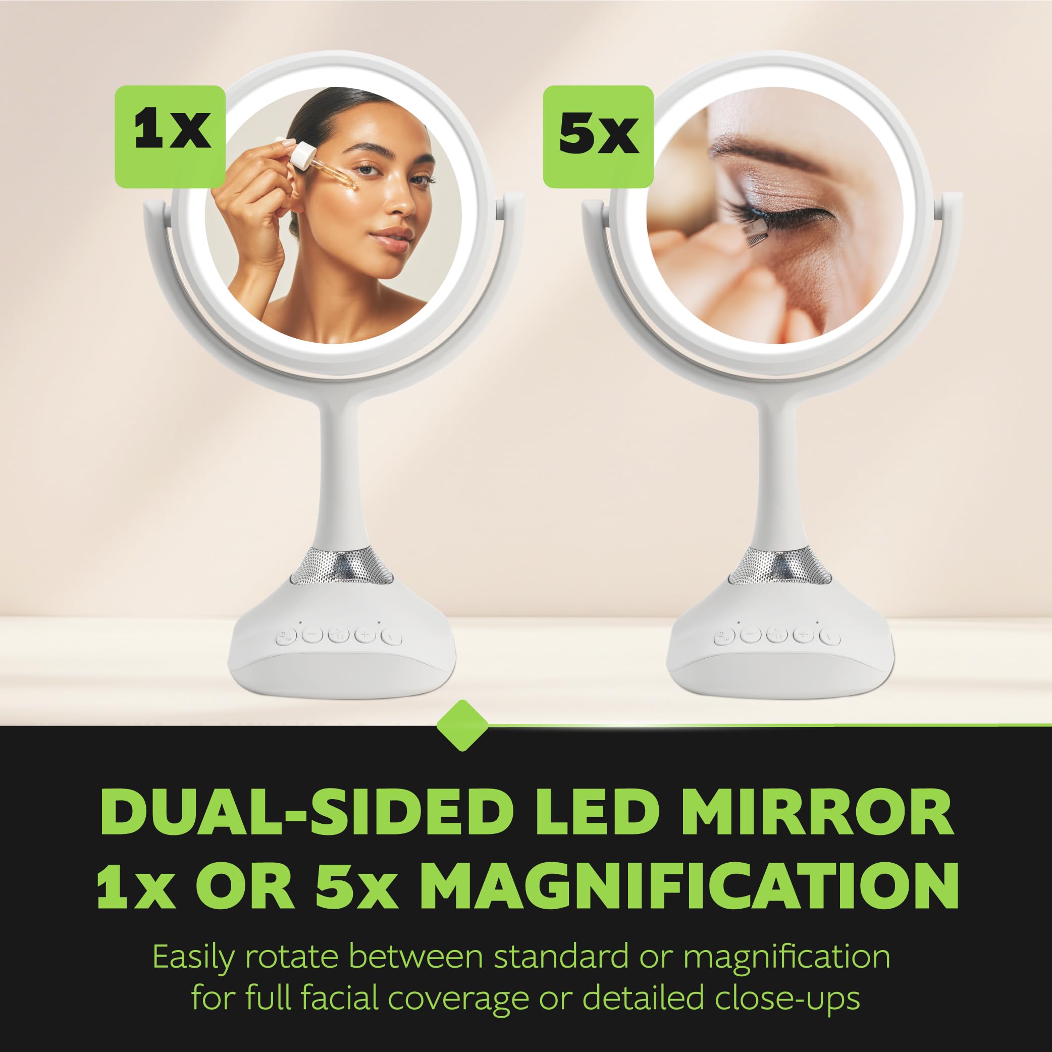Homewerks 76-101-BT 19,1 cm persönlicher Make-up-Spiegel mit Bluetooth-Lautsprechern und LED-Beleuchtung, Handheld-Bluetooth-Kosmetikspiegel mit Lichtern für Badezimmer, Schlafzimmer oder Reisen