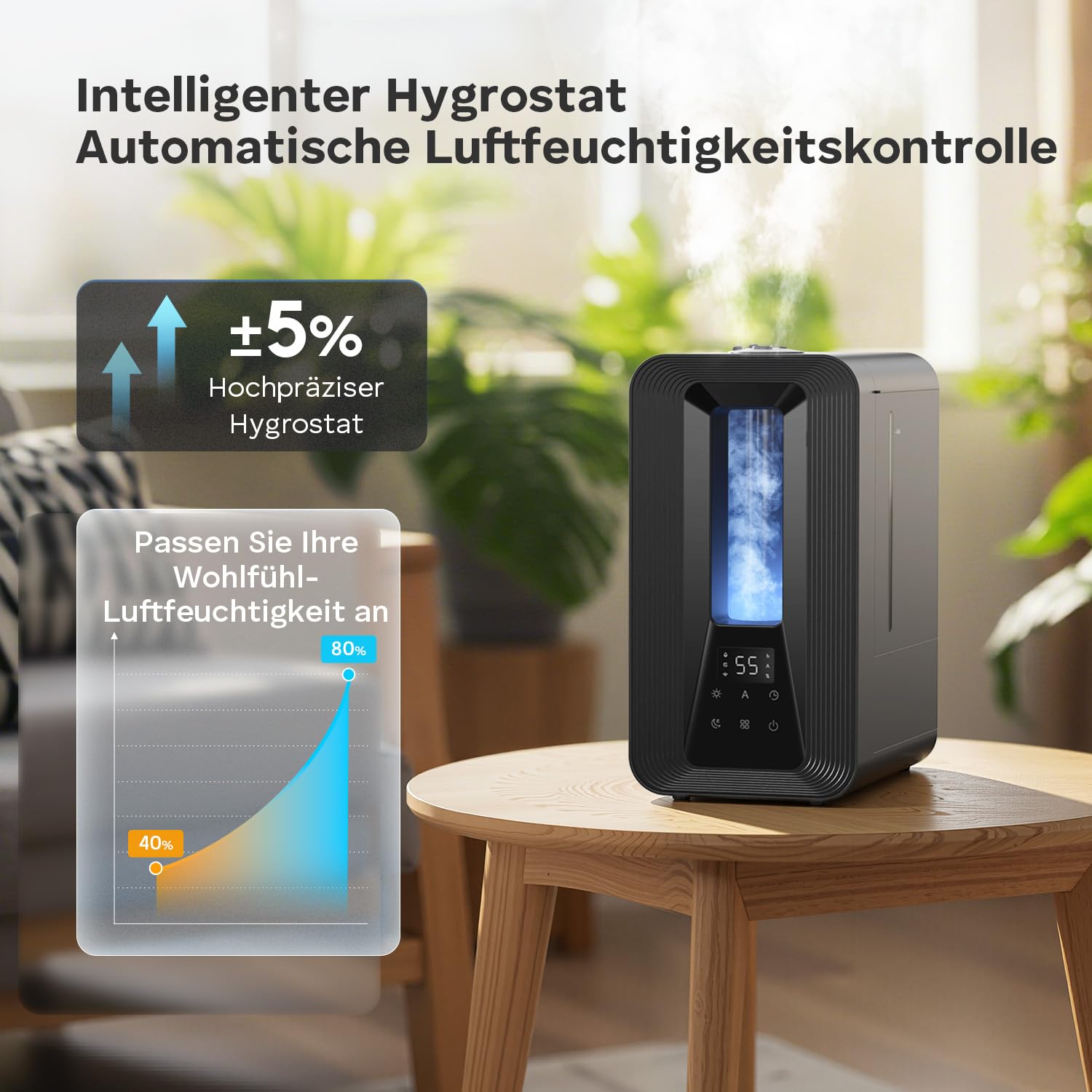 AROEVE 5L Top Fill Luftbefeuchter, Ultraschall Kühle Nebel Humidifier mit Aroma Diffuser, Smart Hygrostat, Nachtlicht, 50H/25dB Leise Raumluftbefeuchter