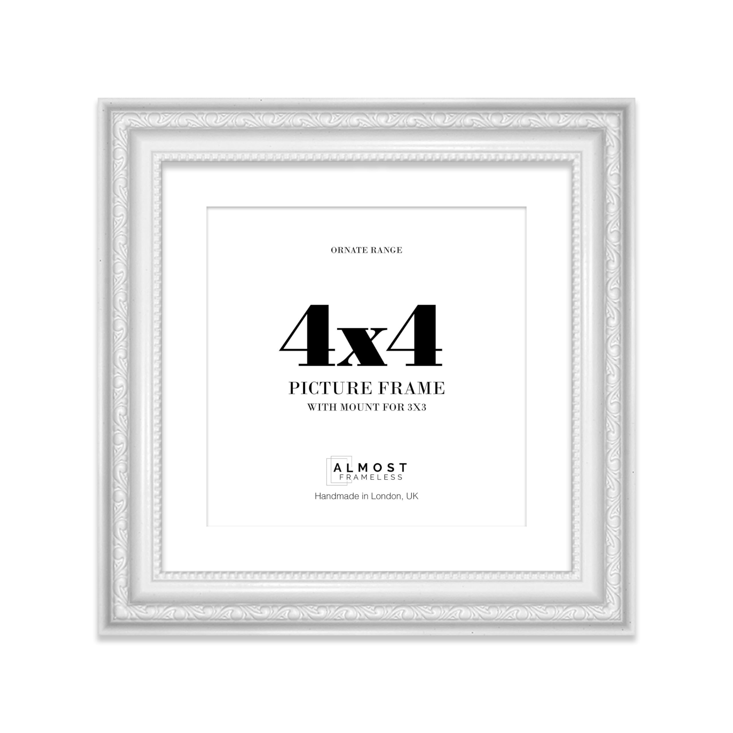 4x4 White Ornate Photo Frame With White Mat For 3x3 Picture, Ready to Hang or Stand, 1 Pack — image 1