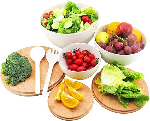Miniatura 2 de Juego de 3 cuencos de ensalada con tapa y utensilios de servir, juego de cuencos de fibra de bambú grandes para servir y juego de almacenamiento con
