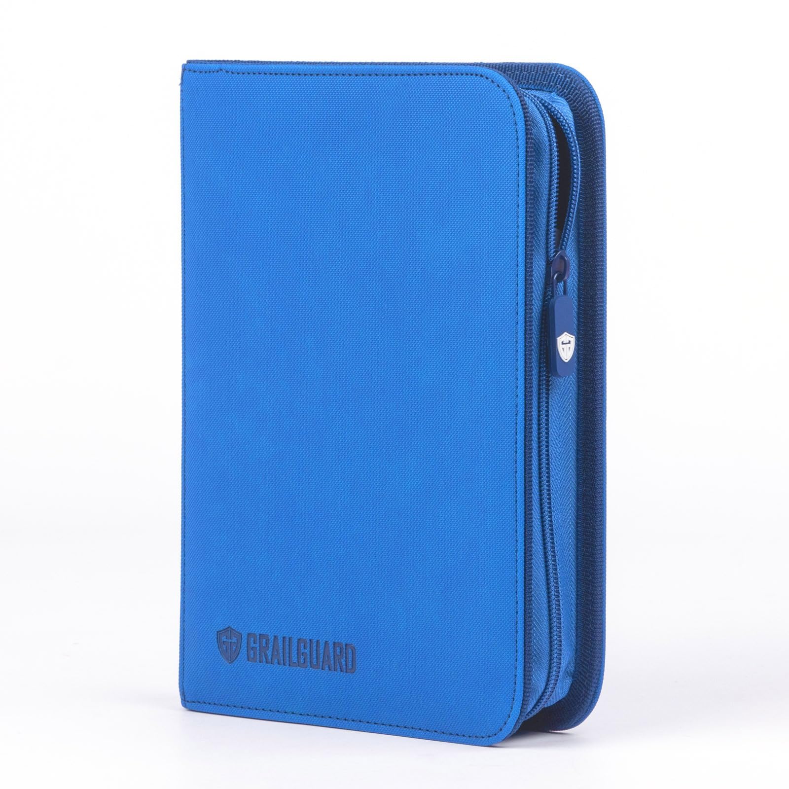 Grail Guard 4 Pocket Premium ZIP Trading Card Binder – High Capacity 160-Card Album, Acid-Free PU Faux Leather, Zip Closure (Blue)