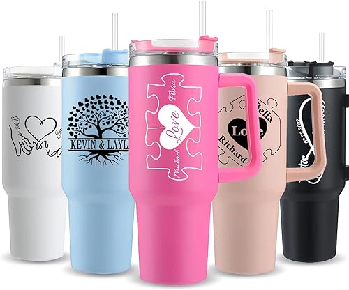 Miniatura 8 de Vaso personalizado de 40 onzas con nombre y texto grabado, taza de café de viaje personalizada para mamá con asa, popote y tapa, regalo