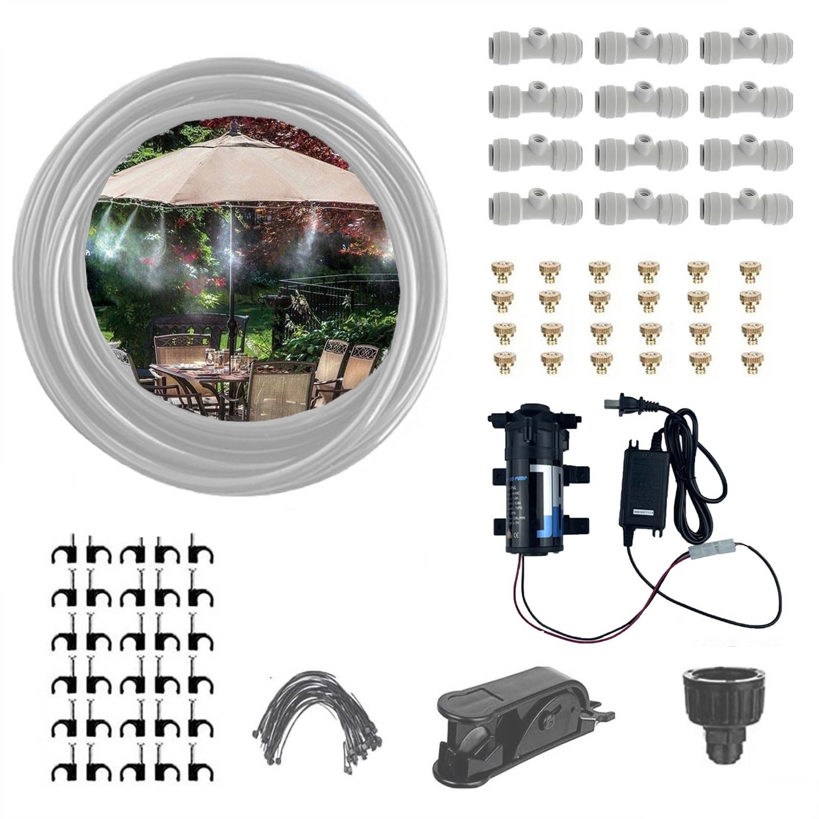 Sisteme de riego de jardín con Boquilla & bomba, Kit Nebulizador Terraza, Sisteme de Nebulización Refrigeración para patio, jardín, invernadero (Size : 16M(52.5ft)-23 nozzles)