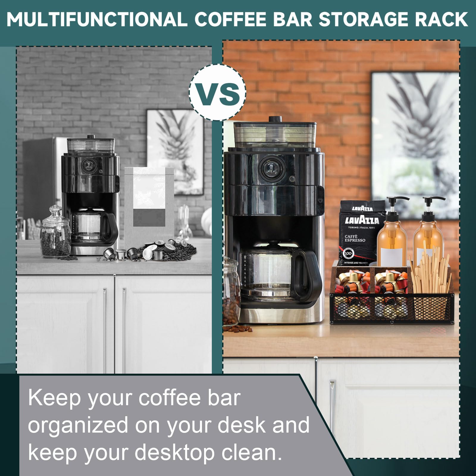 Yalikop Kaffeestation-Organizer, Kaffee-Bar-Halter für Arbeitsplatte, Kaffee und Tee, Gewürzkapseln, Holzkorb, rustikaler Kaffeebar-Organizer mit Eisennetz für Kaffee-Zubehör, Organizer, Dekoration