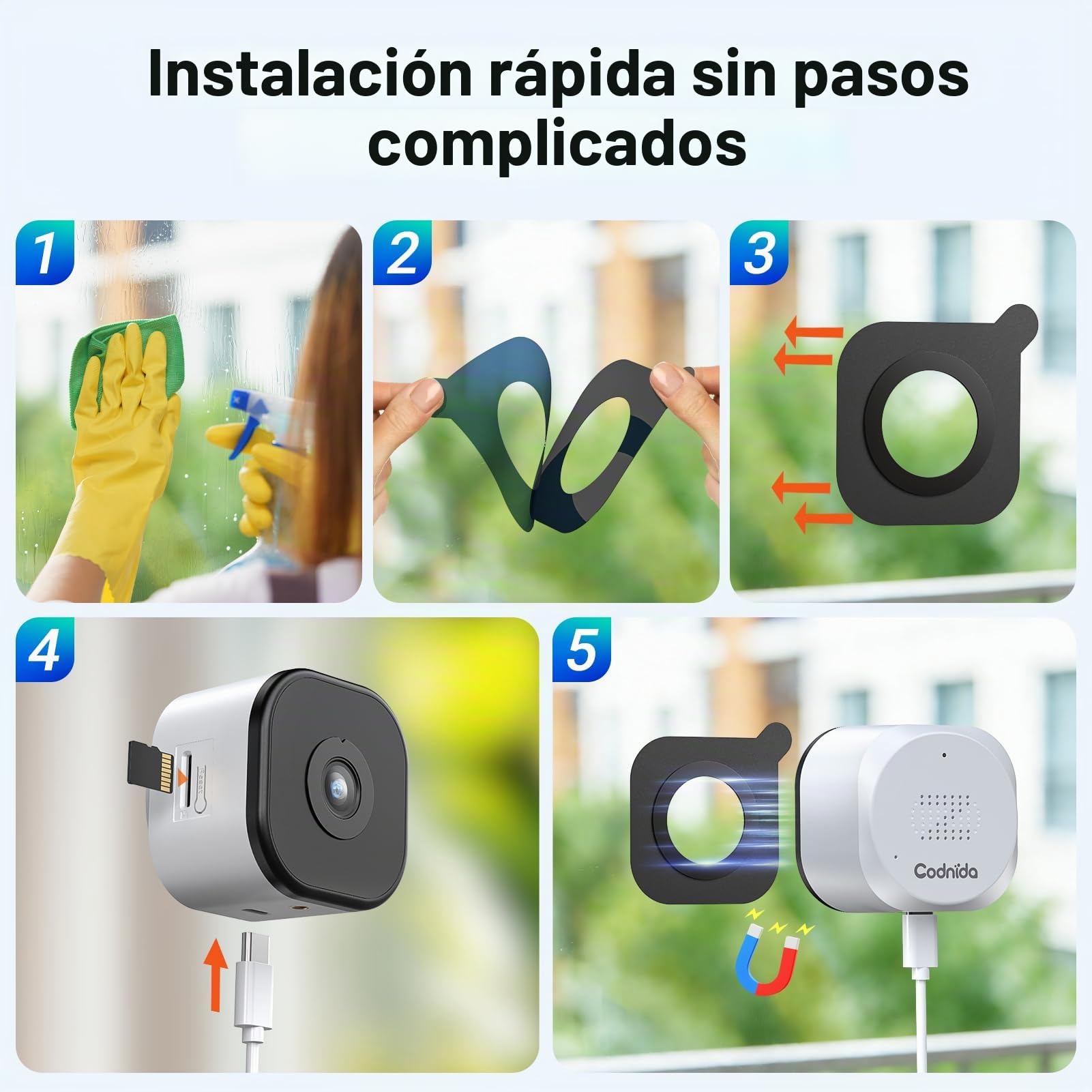 Codnida 3MP Cámara de Seguridad para Ventanas de para el Hogar, 2K Cámara Interiores con Adhesivo, Detección de Movimiento, Visión Nocturna a Color, Audio Bidireccional, Antirreflejos, 2.4/5GHz WiFi