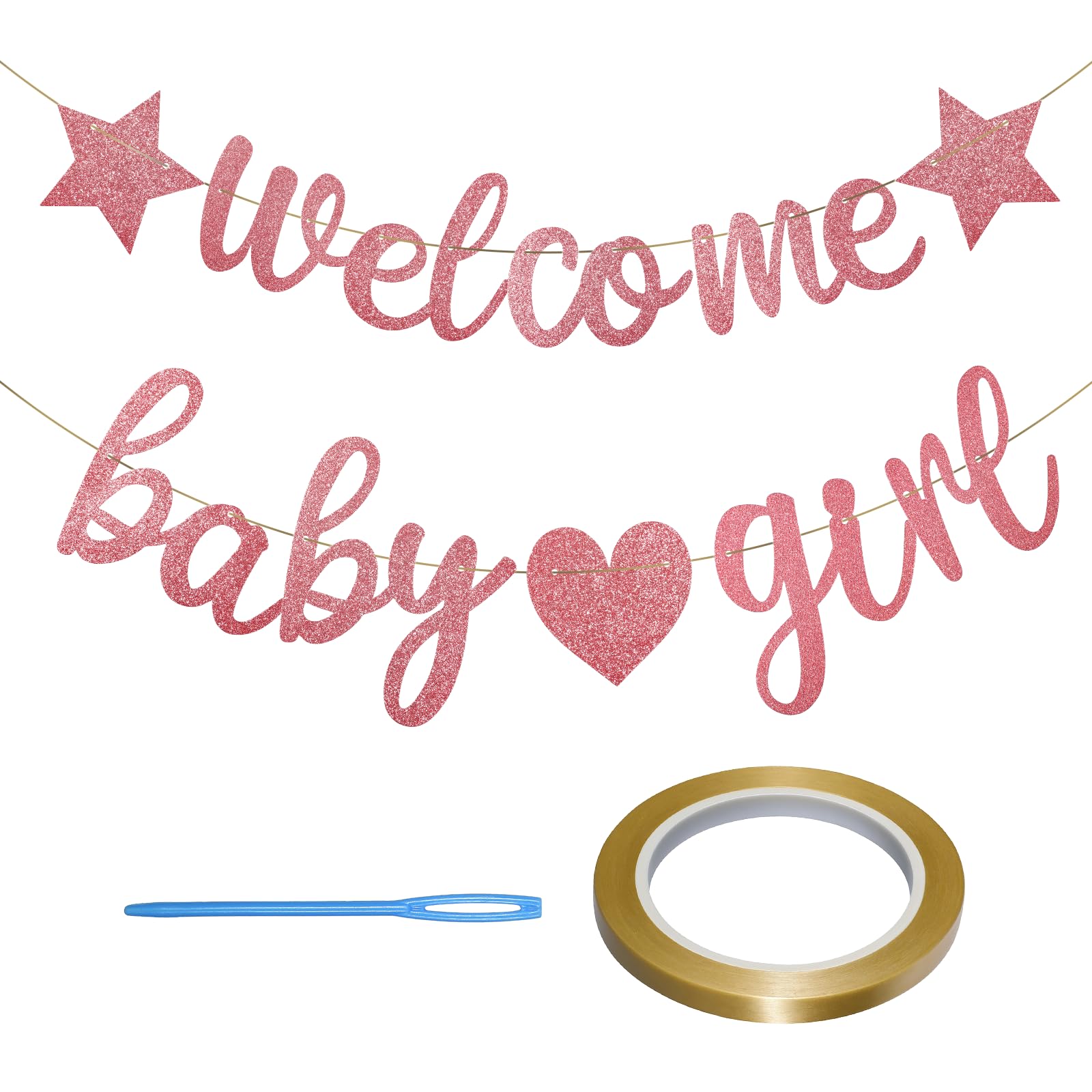 Muiltvoe Welcome Baby Girl Banner, Pink Glitter Gender Reveal Party Decorations Baby Shower Sign for Family Girls Newborn Birthday Homecoming Theme Party