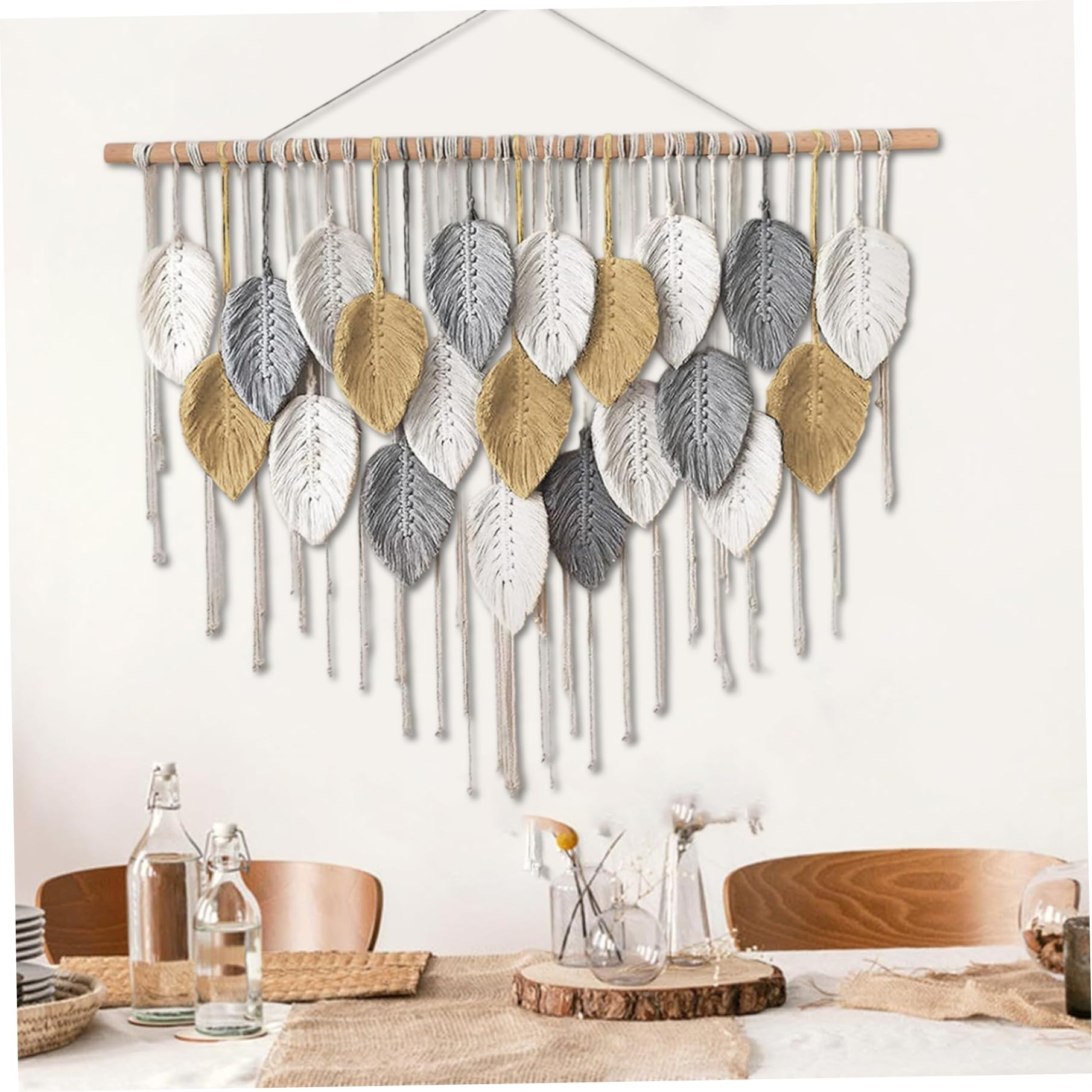 Muzrunq Hanging de pared de Macrame, tapiz de pared de hojas tejidas bohemias, decoración del hogar para dormitorio, sala de estar, apartamento, dormitorio, galería, perfecto para regalos.