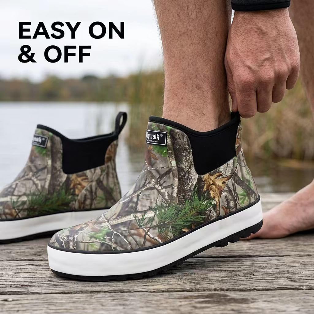 Men's Deck Boots, Waterproof Fishing Boots, Slip On Neoprene Rubber Boots for Men Ankle Rain Boots for Boating, Sailing, Hunting