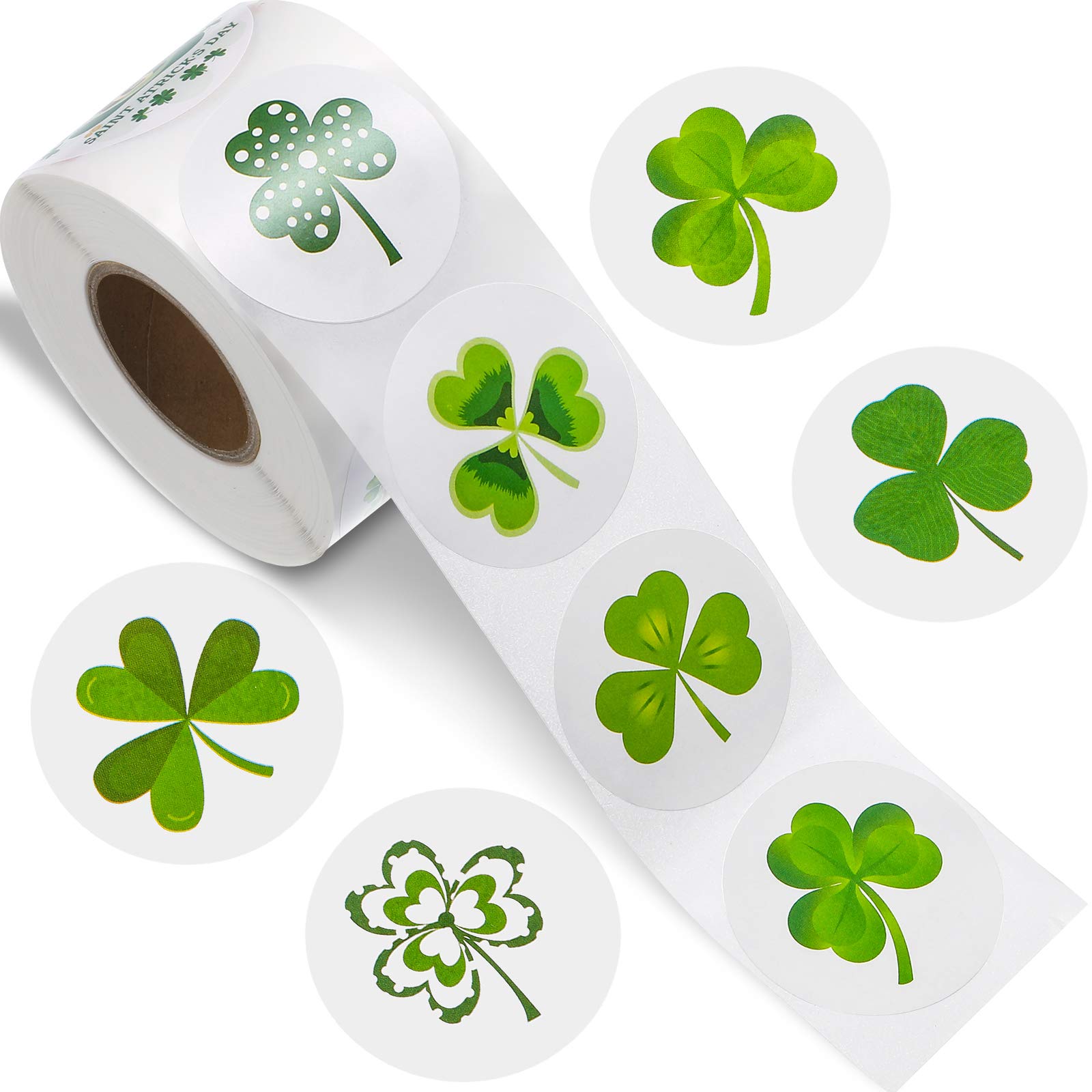 Zonon 500 Pieces St. Patrick's Day Stickers Shamrock Roll Label Stickers Irish Green Clover Stickers 8 Styles for St. Patrick's Day Party Decorations and Crafts Supplies, 1.5 Inches