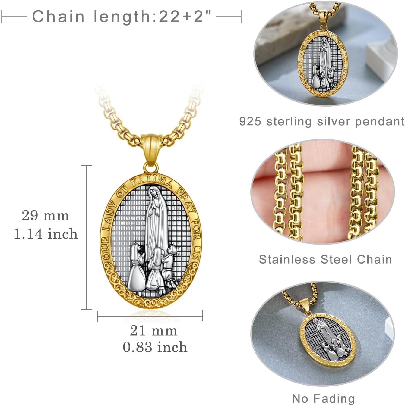 Our Lady of Fatima Necklace 925 Sterling Silver Virgen de Fatima Miraculous Medal Necklace for Women Blessed Mother Religious Jewelry Gifts for Catholic Women