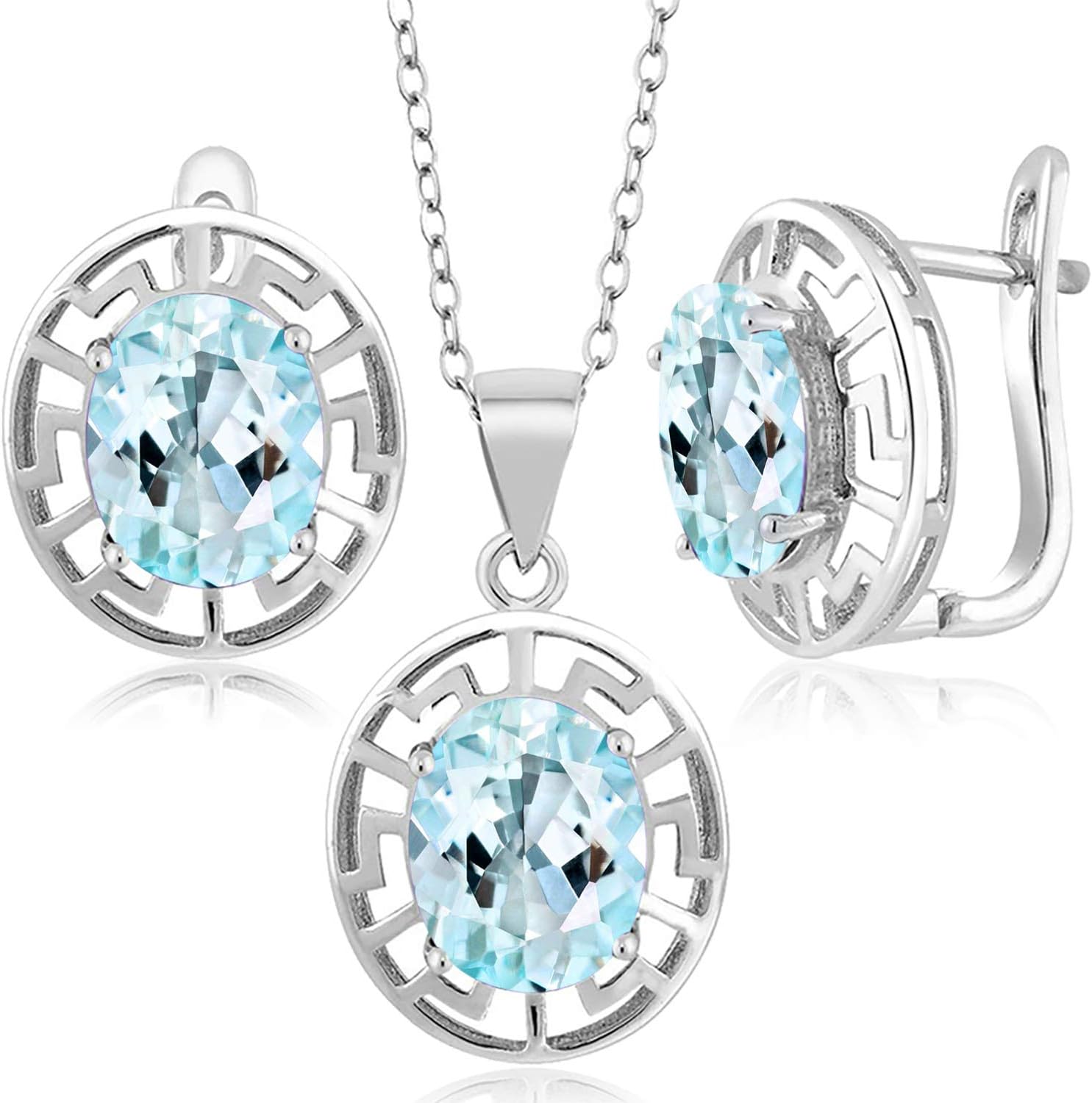 Gem Stone King 925 Sterling Silver 10X8MM Oval Gemstone Birthstone Greek Key Pendant and Earrings Jewelry Set For Women | With 18 Inch Silver Chain