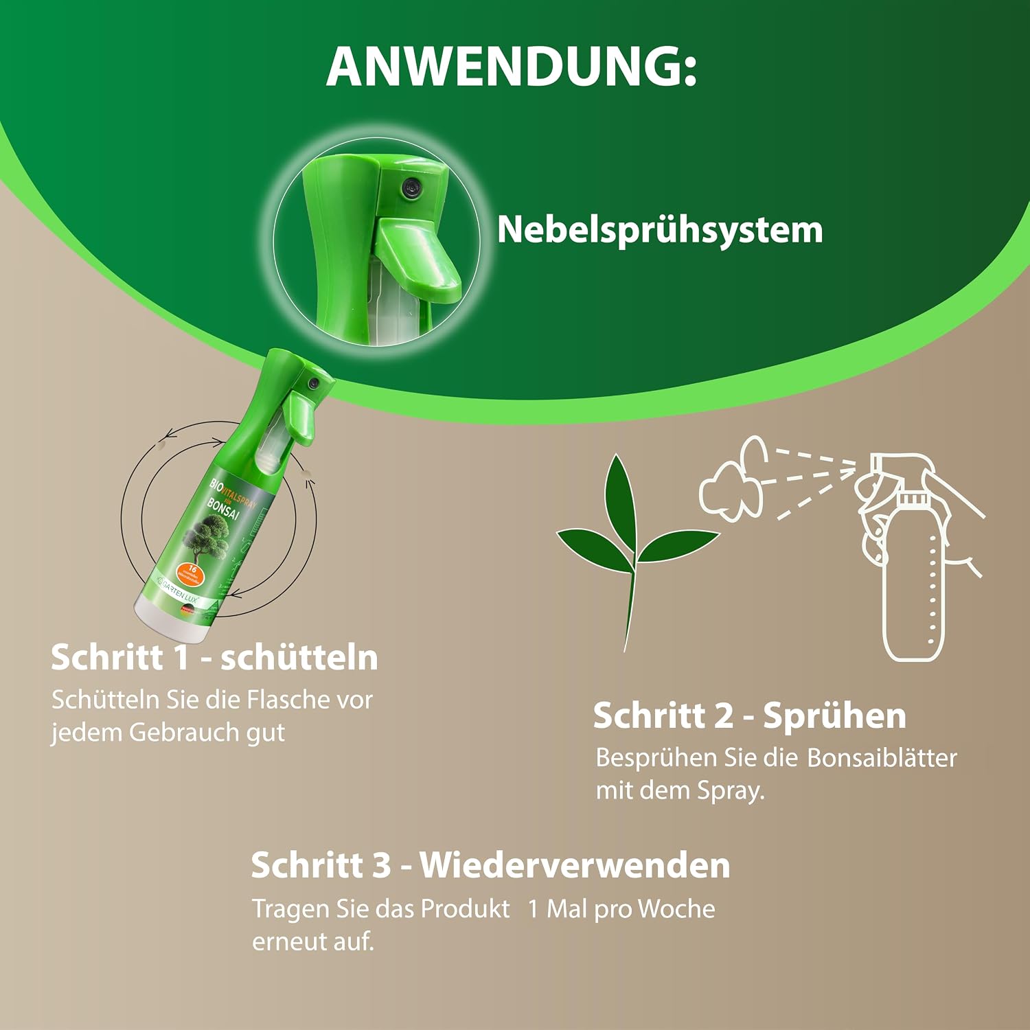 Garten Lux BIO Vital Spray do bonsai z 16 mikroelementami do pielęgnacji wszystkich rodzajów bonsai gotowy do użycia 300 ml.