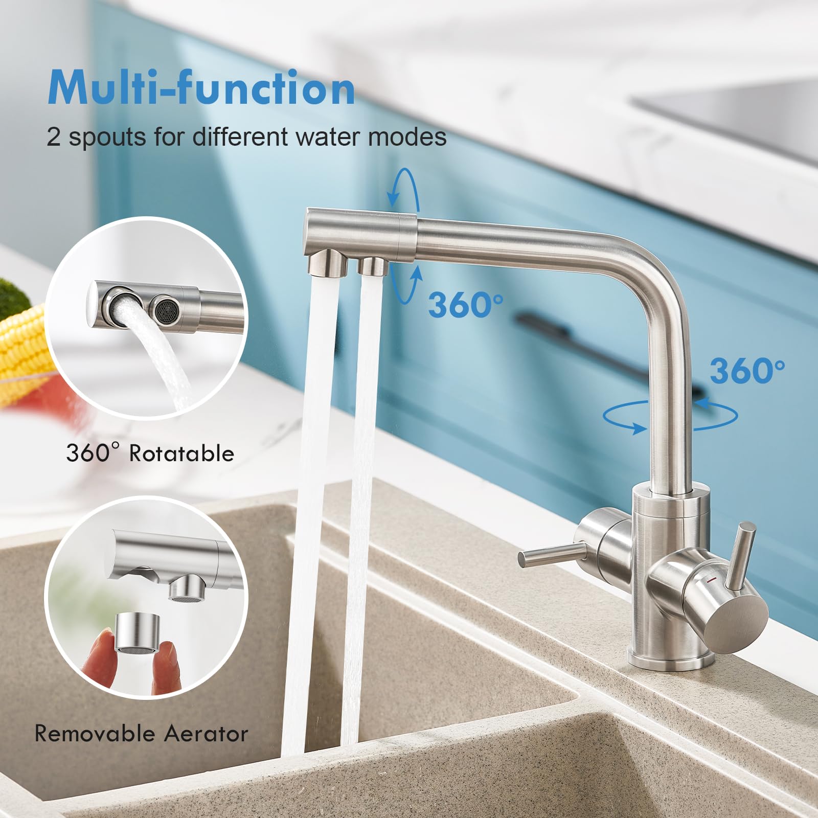 Robinet 3 Voies d'évier Cuisine Double Levier Mitigeur avec Eau Potable pour Systèmes Filtre d'Osmose, brossé