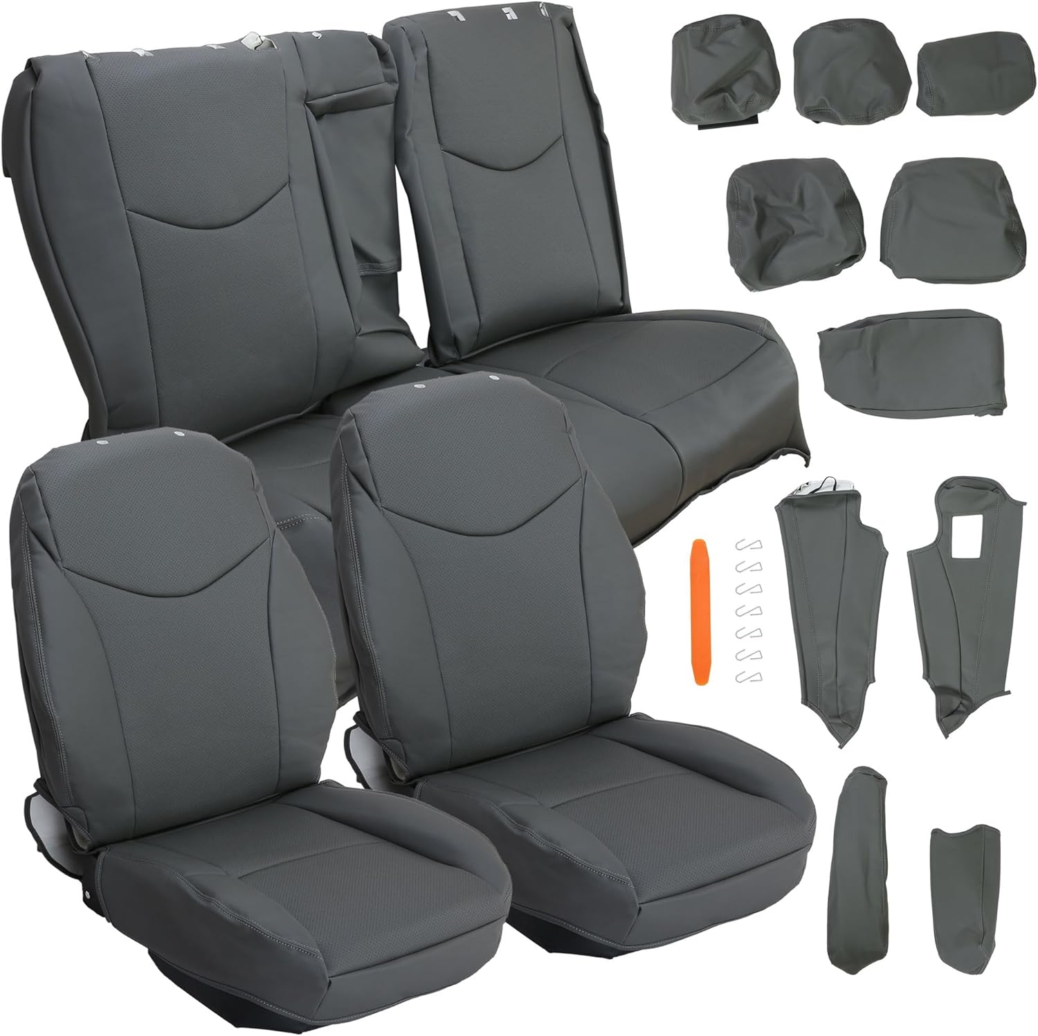 ECOTRIC Front & Rear Seat Covers Full Set Compatible with 2010-2015 Toyota Prius, Headrest B-Pillar Center Console Armrest Cover Replacement Gray Grey Synthetic Leather