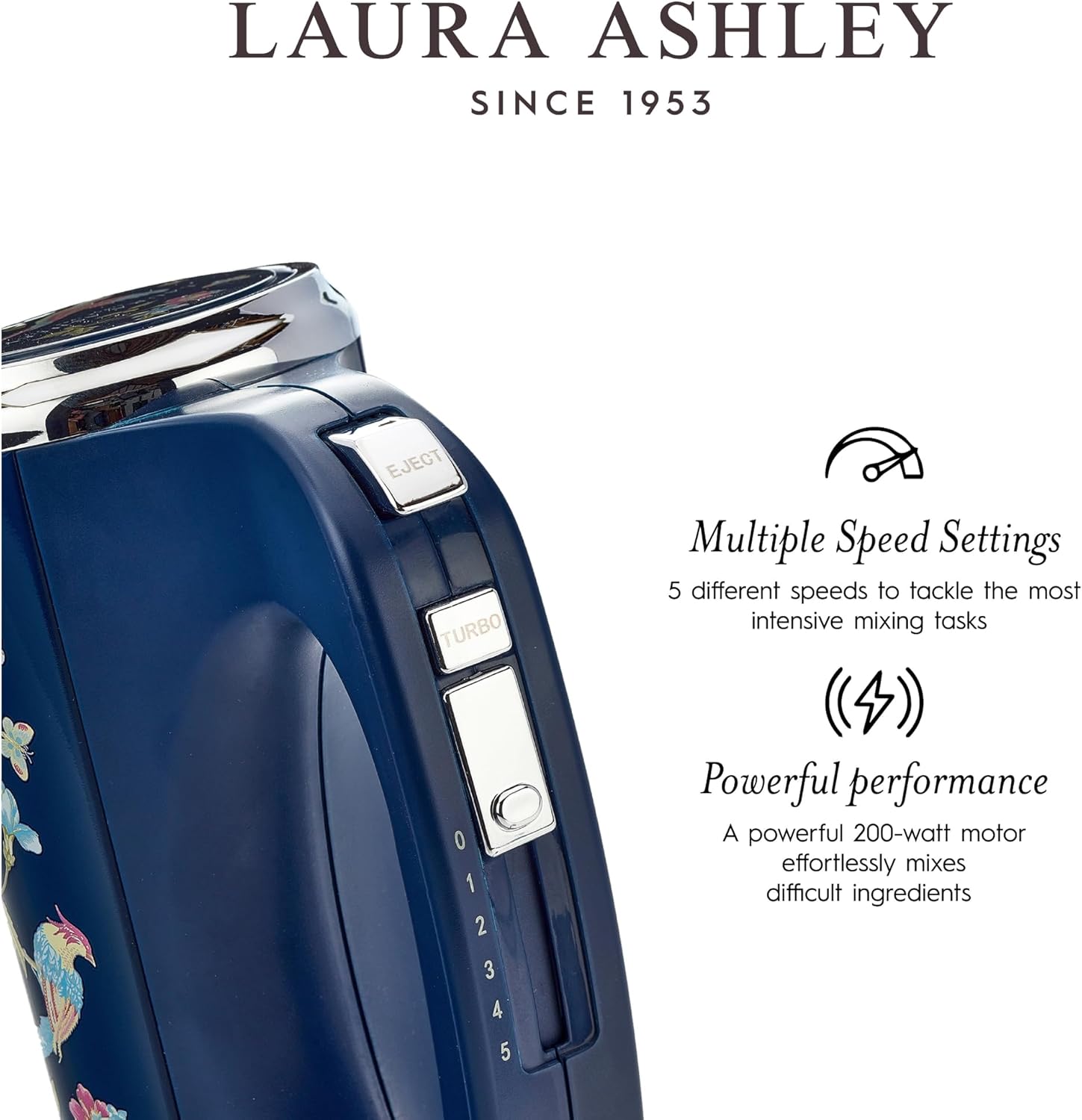 Laura Ashley Hand Mixer Electric Handheld 200W - Hand Held Electric Whisk with 5 Variable Speeds - Hand Mixers with Durable Stainless Steel Beaters - Easy to Clean Light Weight Cake Mixer for Baking