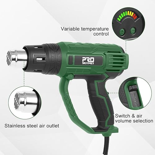 Miniatura 3 de Prostormer Pistola de calor de 2000 W, pistola de aire caliente de 140 F a 1022 F (140.0 F-1,022.0 F) Control de temperatura variable para 3 ajustes