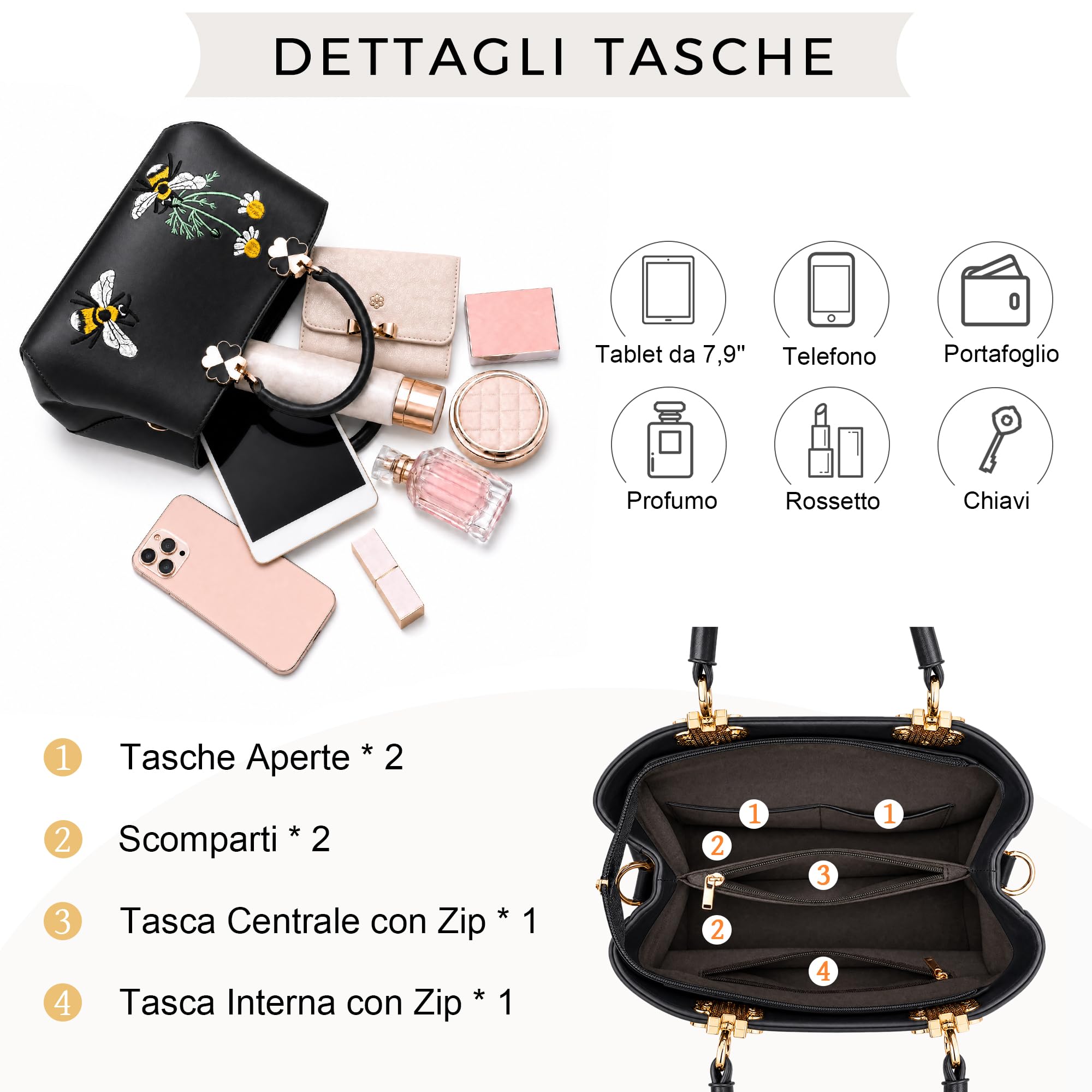 VARLIVOO Elegante Donna Borsa Ricamo Borse a Mano Borsetta Borsa a Tracolla da Donna Borse a Tracolla Spalla Lavoro Viaggiare Shopping PU Pelle Nero B