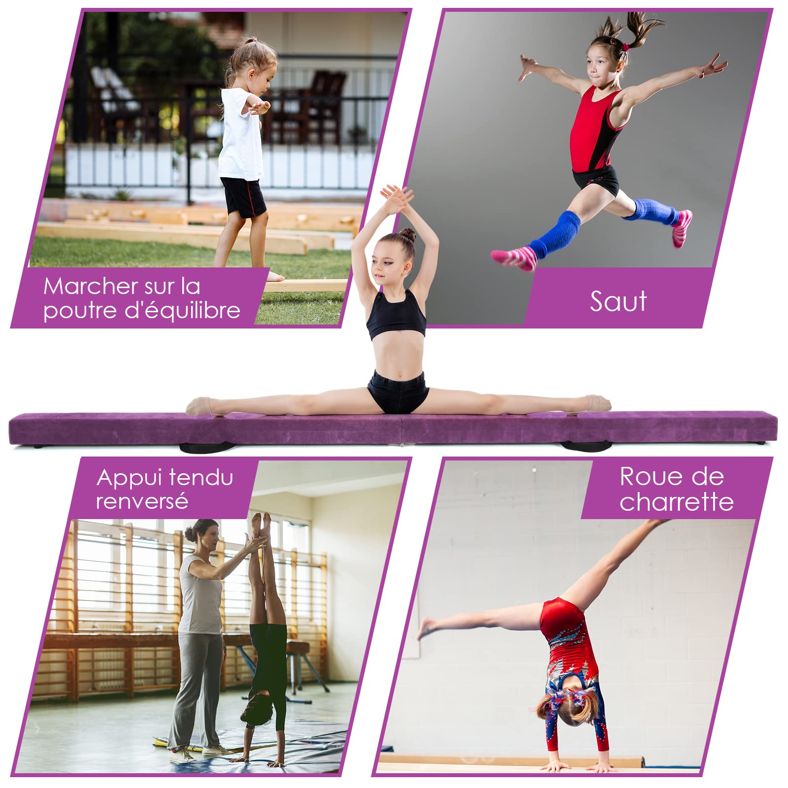 COSTWAY Poutre de Gymnastique Pliable, Barre de Gymnastique au Sol Portable en Mousse avec Housse en Daim Amovible et Fond Antidérapant Poignées, pour Enfants, Gymnastes